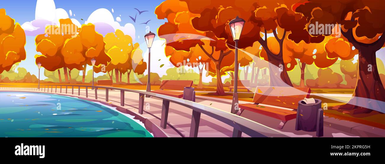 Quai d'automne dans le parc de la ville vue sur le paysage avec baie de rivière clôturée, bancs en bois, arbres orange et jaune, poubelles et feux de rue. Arrière-plan de la passerelle de remblai, illustration vectorielle de dessin animé Illustration de Vecteur