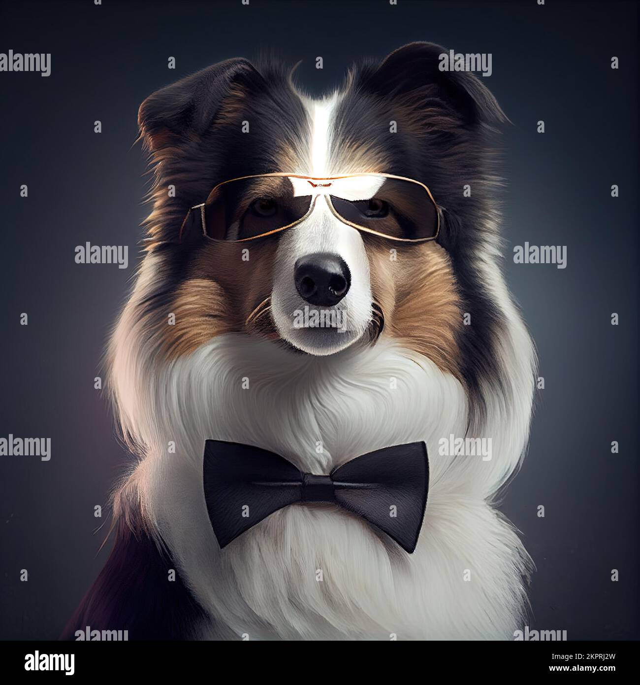 Studio anthropomorphique tourné d'un joli chien Collie en costume. Illustration générée numériquement. Banque D'Images
