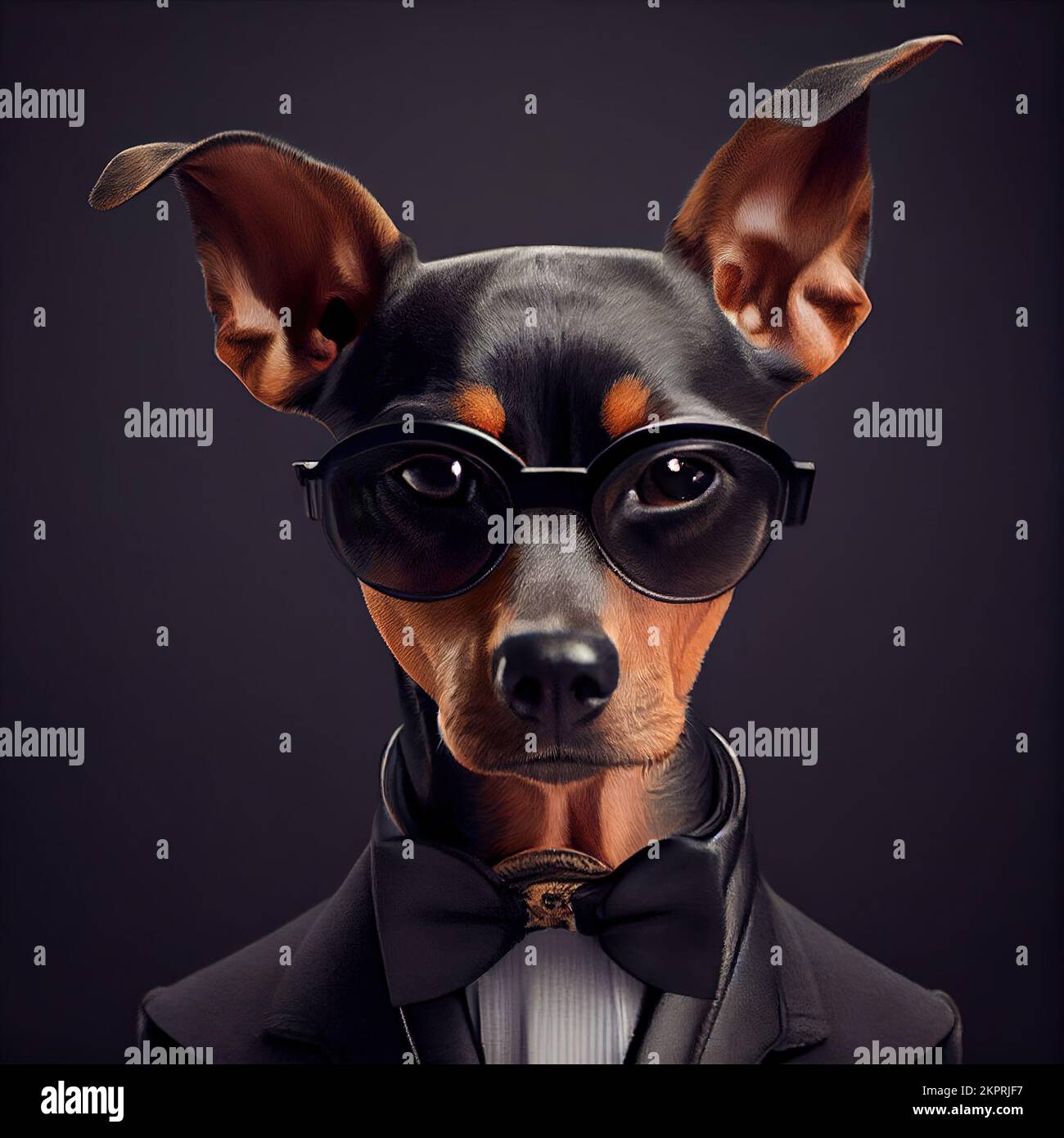 Studio anthropomorphique tourné d'un joli chien Pinscher en costume. Illustration générée numériquement. Banque D'Images