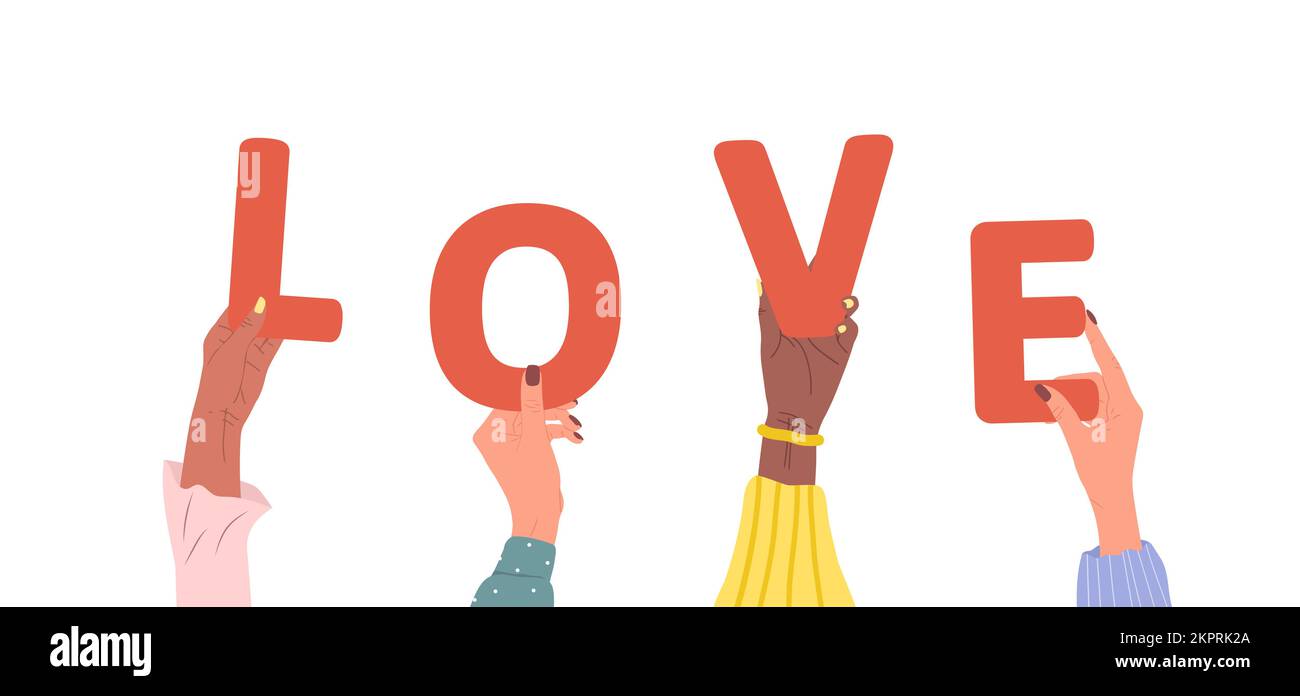 Groupe de différentes mains féminines tenant le mot rouge Amour. Les diverses ethnies sont réunies. Illustration vectorielle dessinée à la main dans un style de dessin animé Illustration de Vecteur