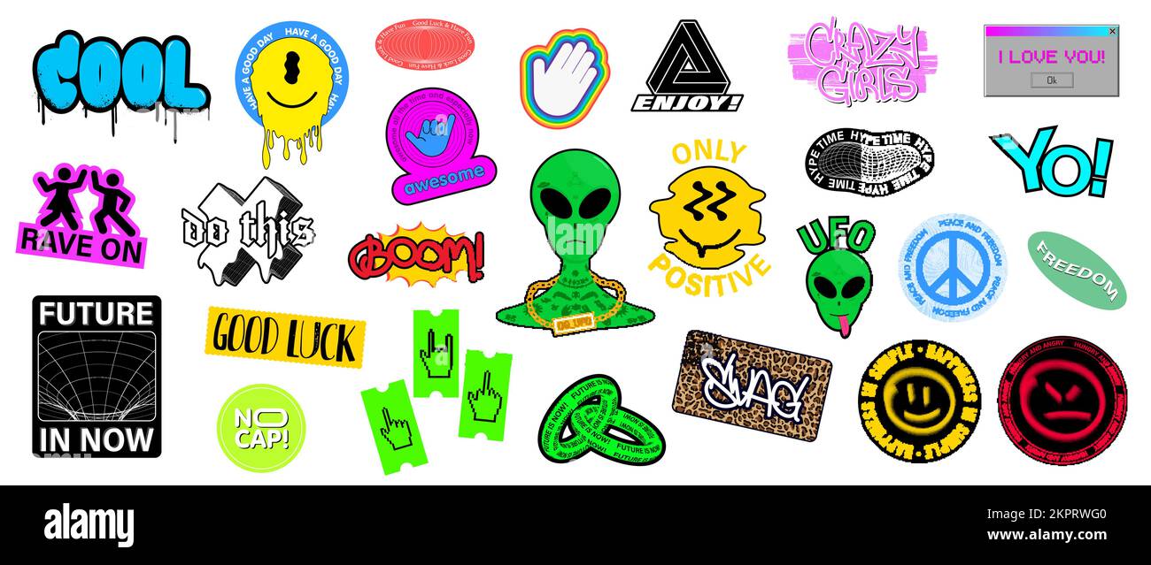 Cool pack d'autocollants colorés. Collection – badges tendance Illustration de Vecteur