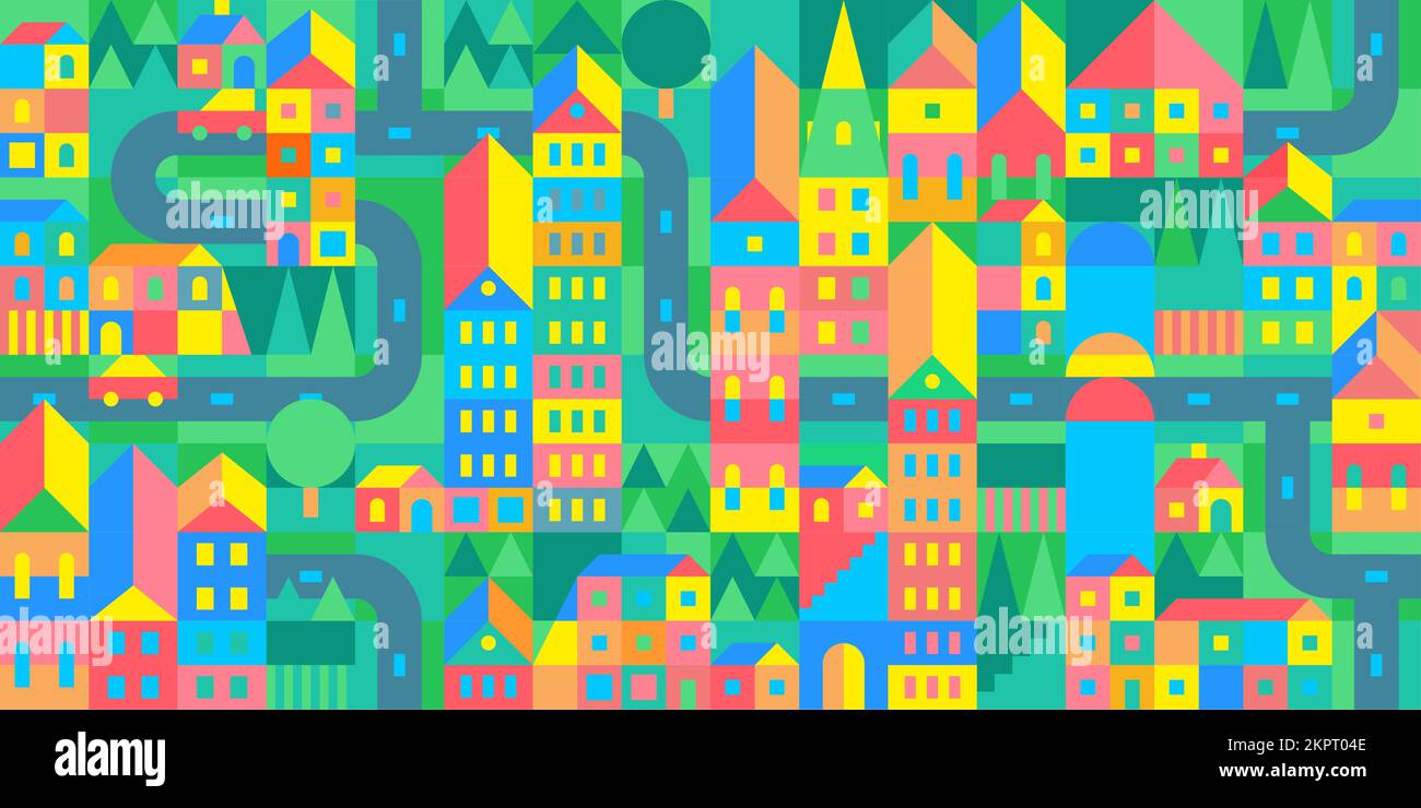 Dessin animé tendance sans couture abstrait Urban Vector Bauhaus Swiss Geometric City Pattern Design modèle d'arrière-plan Illustration de Vecteur