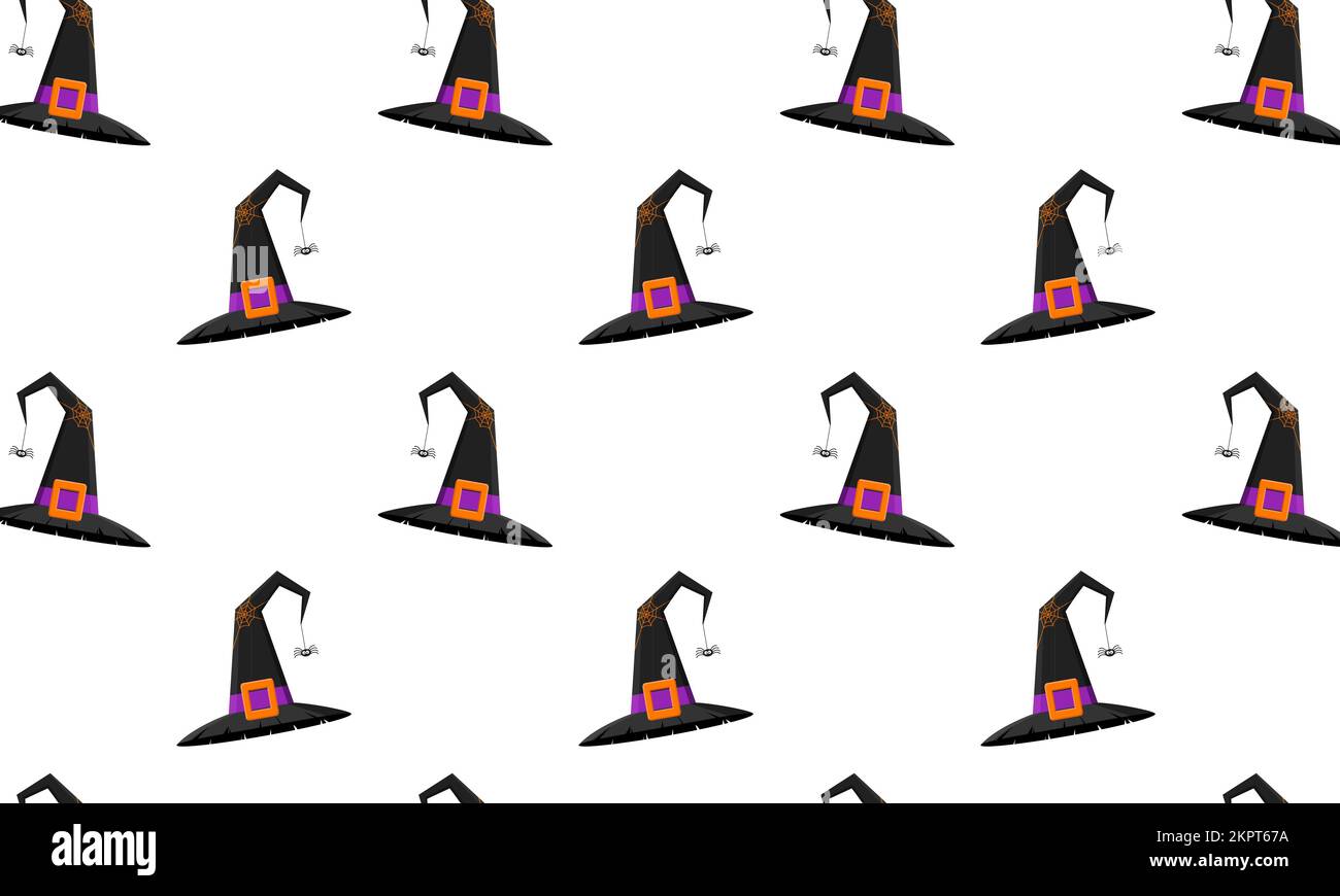 Chapeau de sorcière noir à motif sans couture. Arrière-plan de la fête d'Halloween. Tissu, imprimé en papier. Illustration de dessin animé vectoriel. Illustration de Vecteur