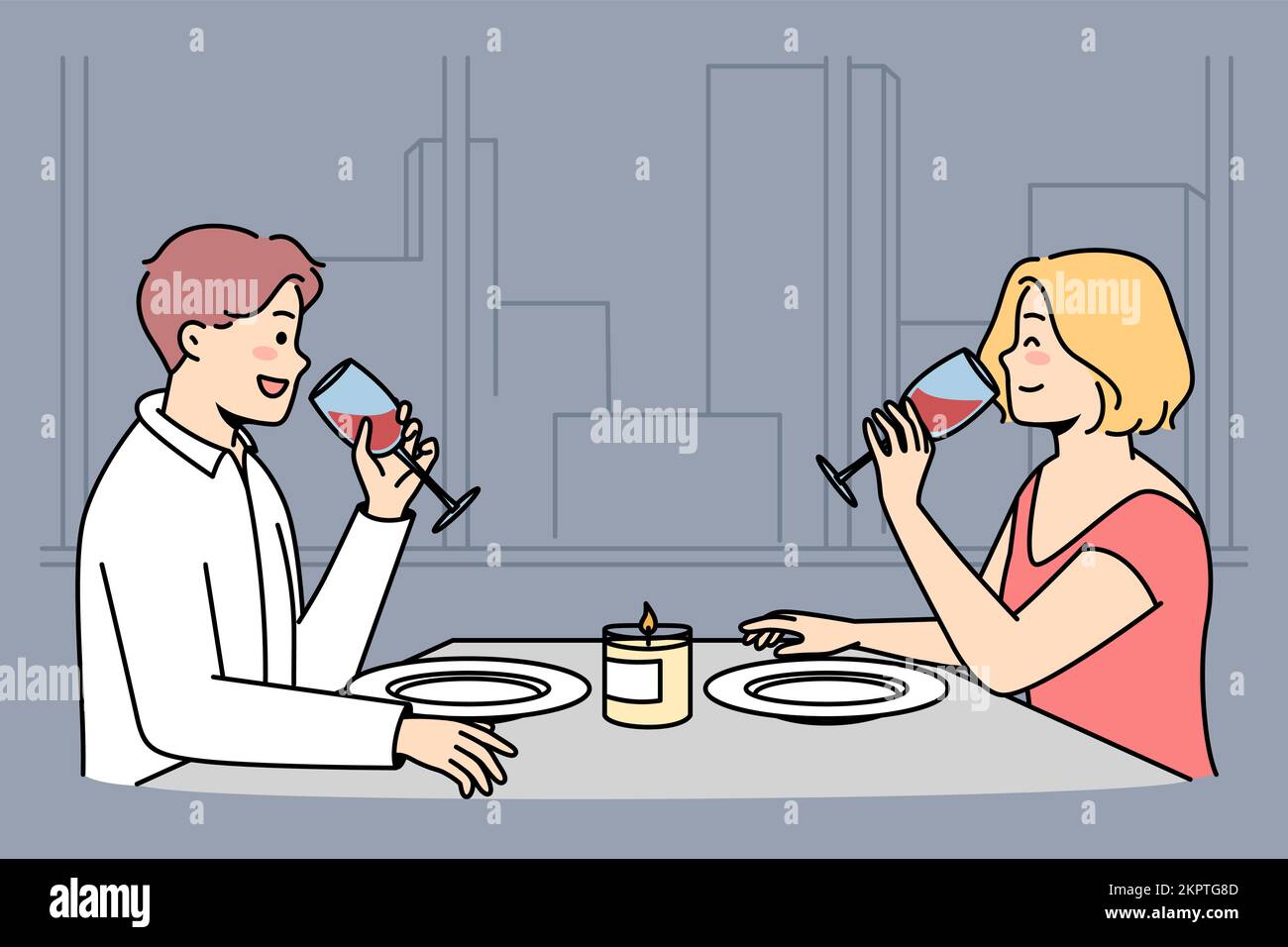 Homme, femme assis à table, boire du vin rouge au restaurant. Mari et femme dînez romantique à la maison. Fille, gars datant au café de la ville, en attente de la nourriture commandée. Illustration vectorielle colorée. Illustration de Vecteur