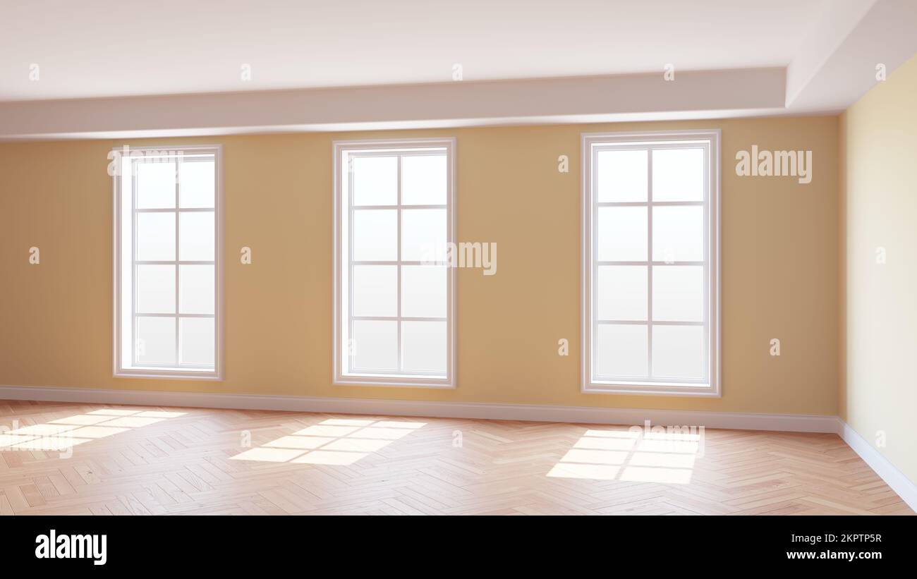 Intérieur ensoleillé de la chambre beige avec trois grandes fenêtres, parquet brillant clair à chevrons et un Plinth blanc. Magnifique concept de la chambre vide. 3D illustration, Ultra HD 8K, 7680x4320 Banque D'Images