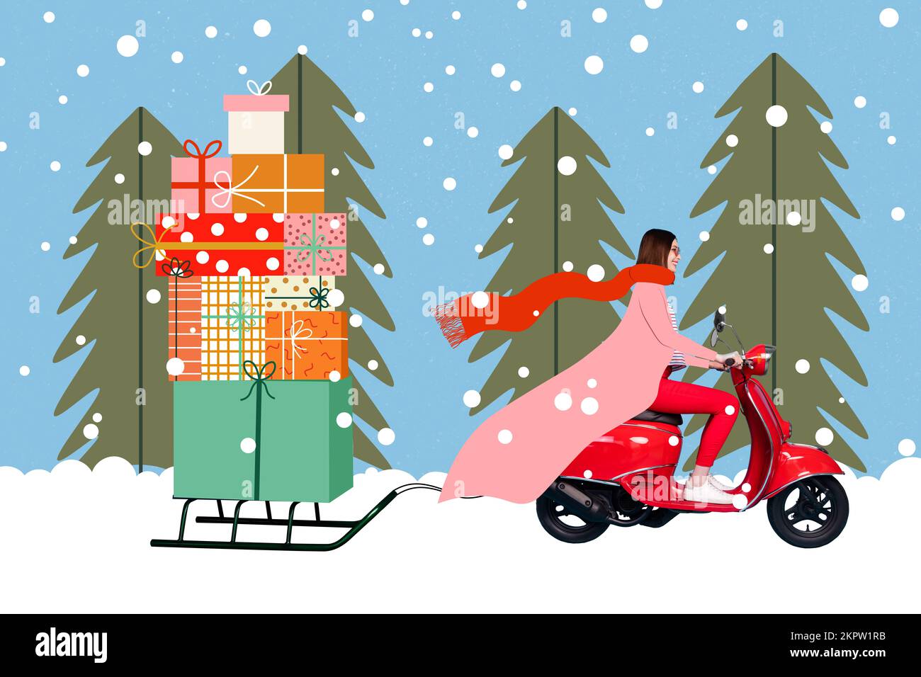 Photo créative 3D collage carte postale brochure d'affiche de jeune fille mobile forêt neigeuse acheter beaucoup de cadeaux boîte-cadeau isolée sur fond de peinture. Banque D'Images