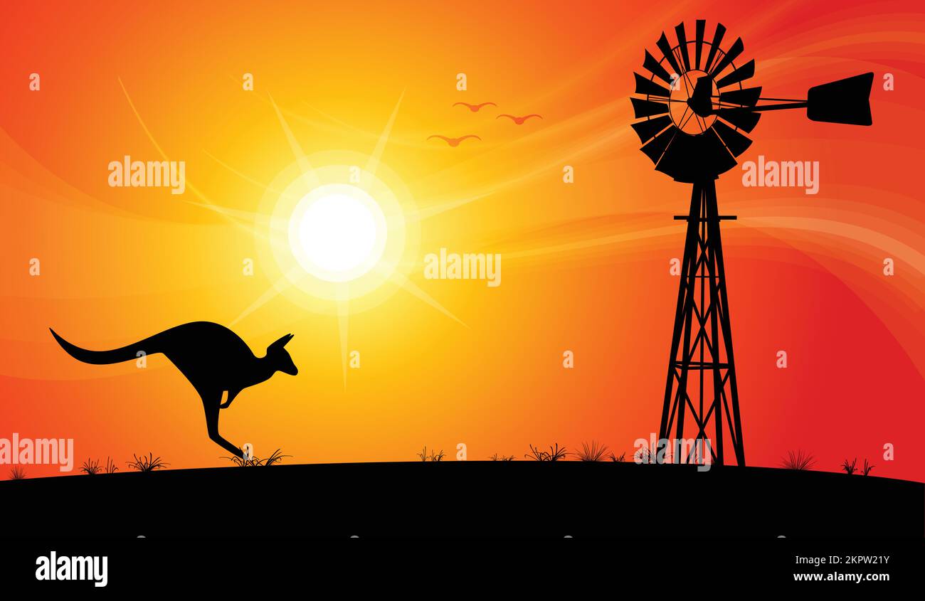 pompe à eau australienne moulin à vent en métal et silhouette de kangourou jumpant sur fond de coucher de soleil illustration vectorielle Illustration de Vecteur