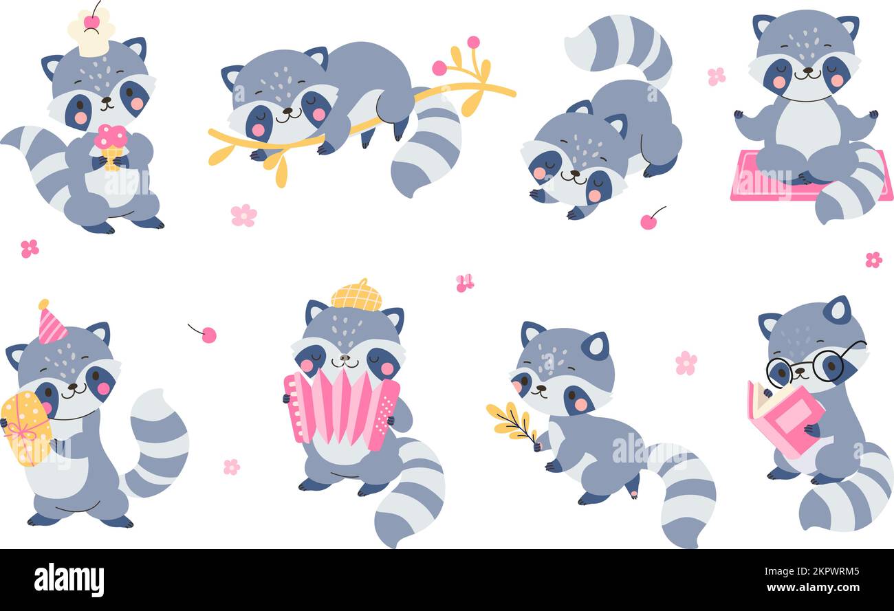 Joli ensemble de raton laveur à dessin animé. Ratons laveurs diverses poses, caricature animale drôle. Les personnages vectoriels Woodland nowaday lisent, jouent de la musique, dorment et mangeant Illustration de Vecteur