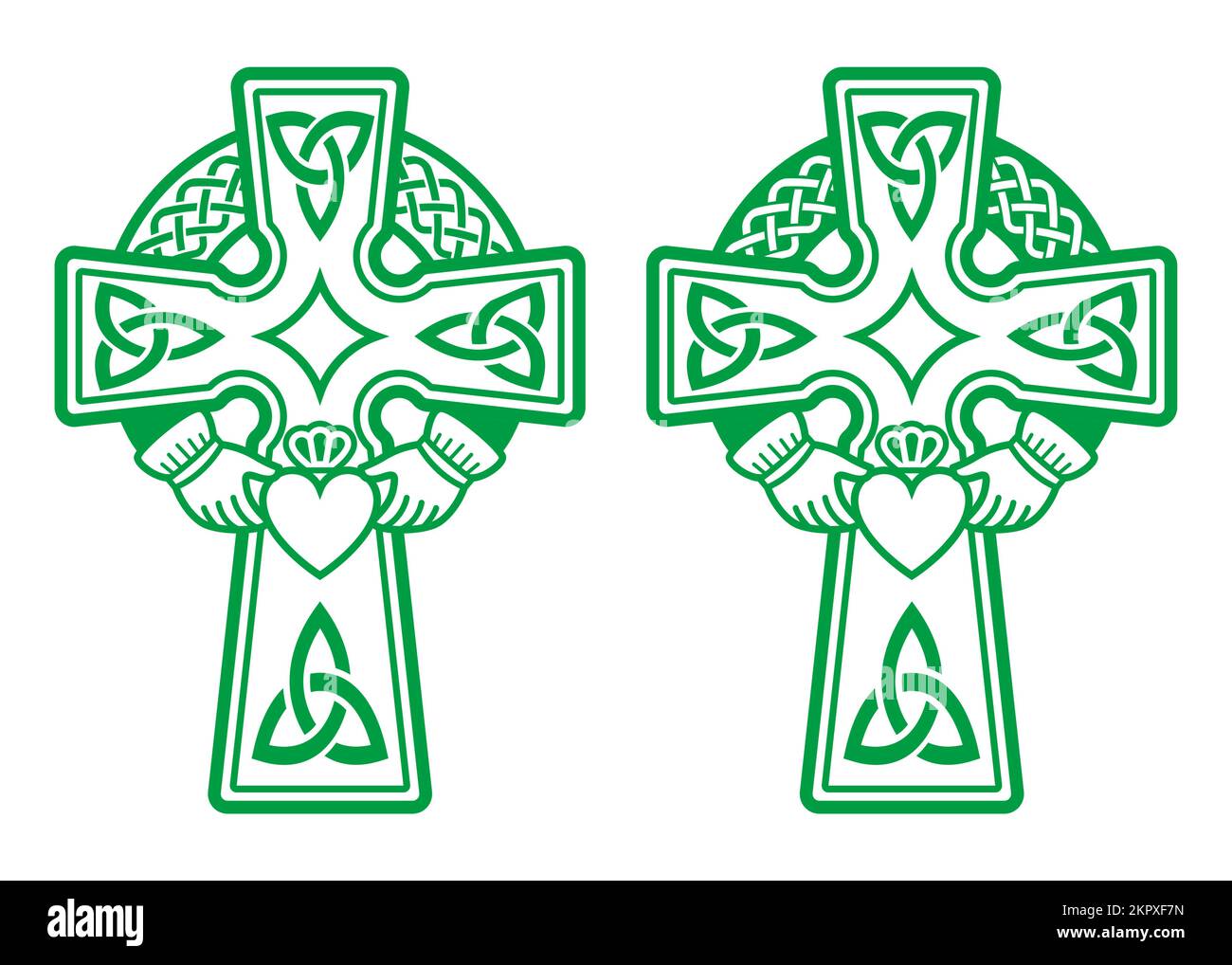 Croix de vert celtique irlandaise avec bague Claddagh - coeur et mains Vector design Set - célébration de la St Patrick en Irlande Illustration de Vecteur