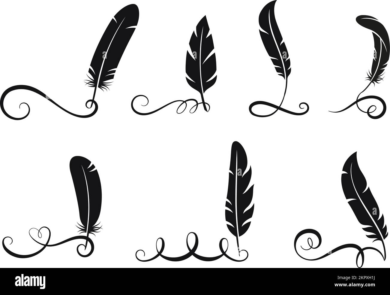 Plumes noires éléments de calligraphie écrits. Tourbillons isolés, lignes en filigrane à plumes. Motif graphique vectoriel, queues de lettres vintage Illustration de Vecteur