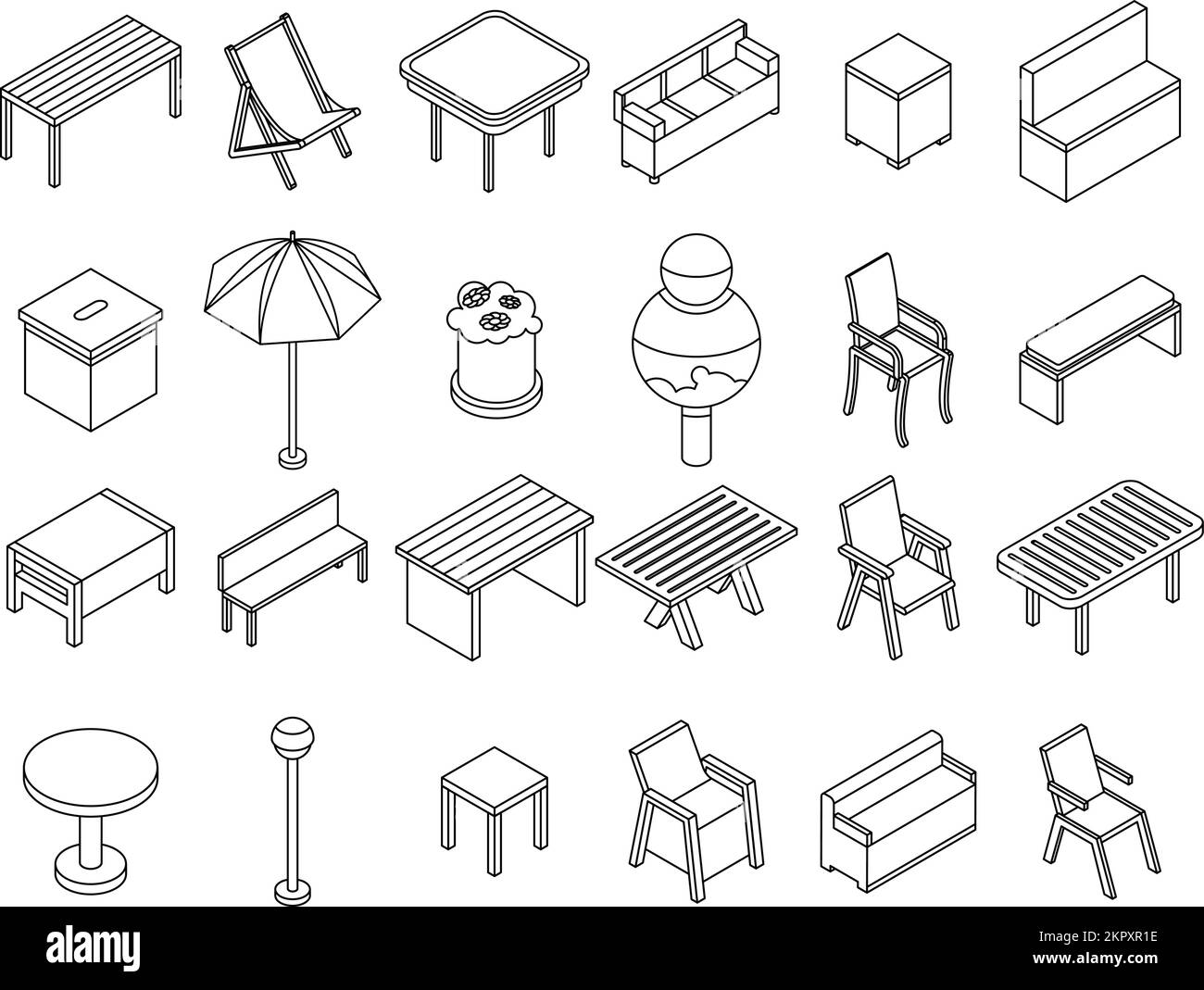 Mobilier de jardin icônes ensemble. Ensemble isométrique d'icônes vectorielles de meubles de jardin pour le contour du vecteur sur fond blanc Illustration de Vecteur