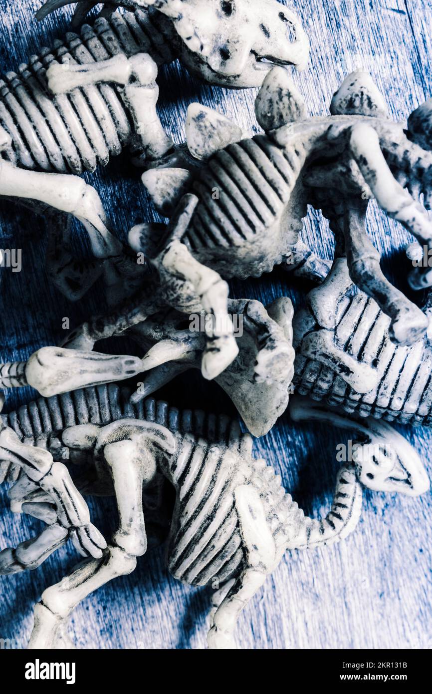 Bleu artistique encore sur un tas de squelette de dinosaures en dispersion abstraite. Les os d'un événement d'extinction massive Banque D'Images