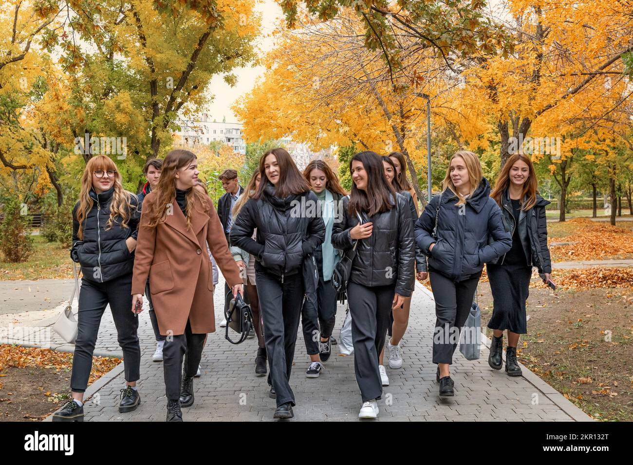un groupe d'adolescents marchant dans le parc Banque D'Images