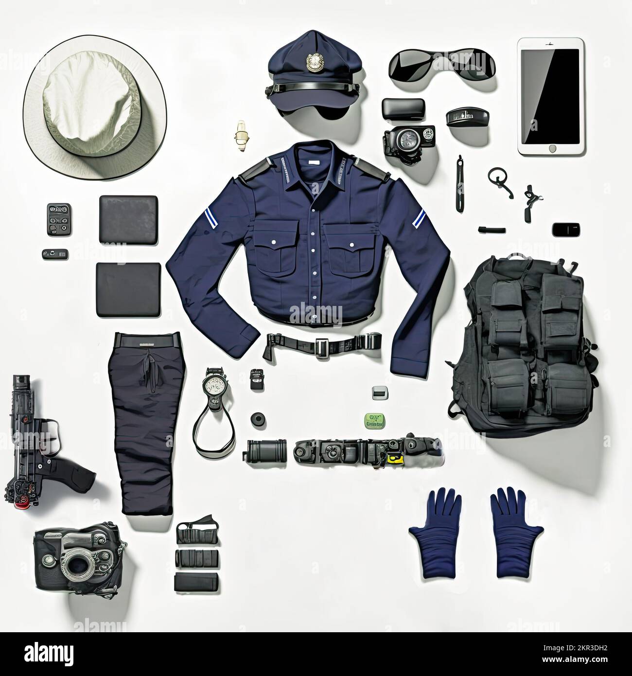 écran plat de l'équipement policier avec un uniforme et un casque. Équipement d'officier comme pistolet, matraque, et menottes sur fond blanc avec Banque D'Images