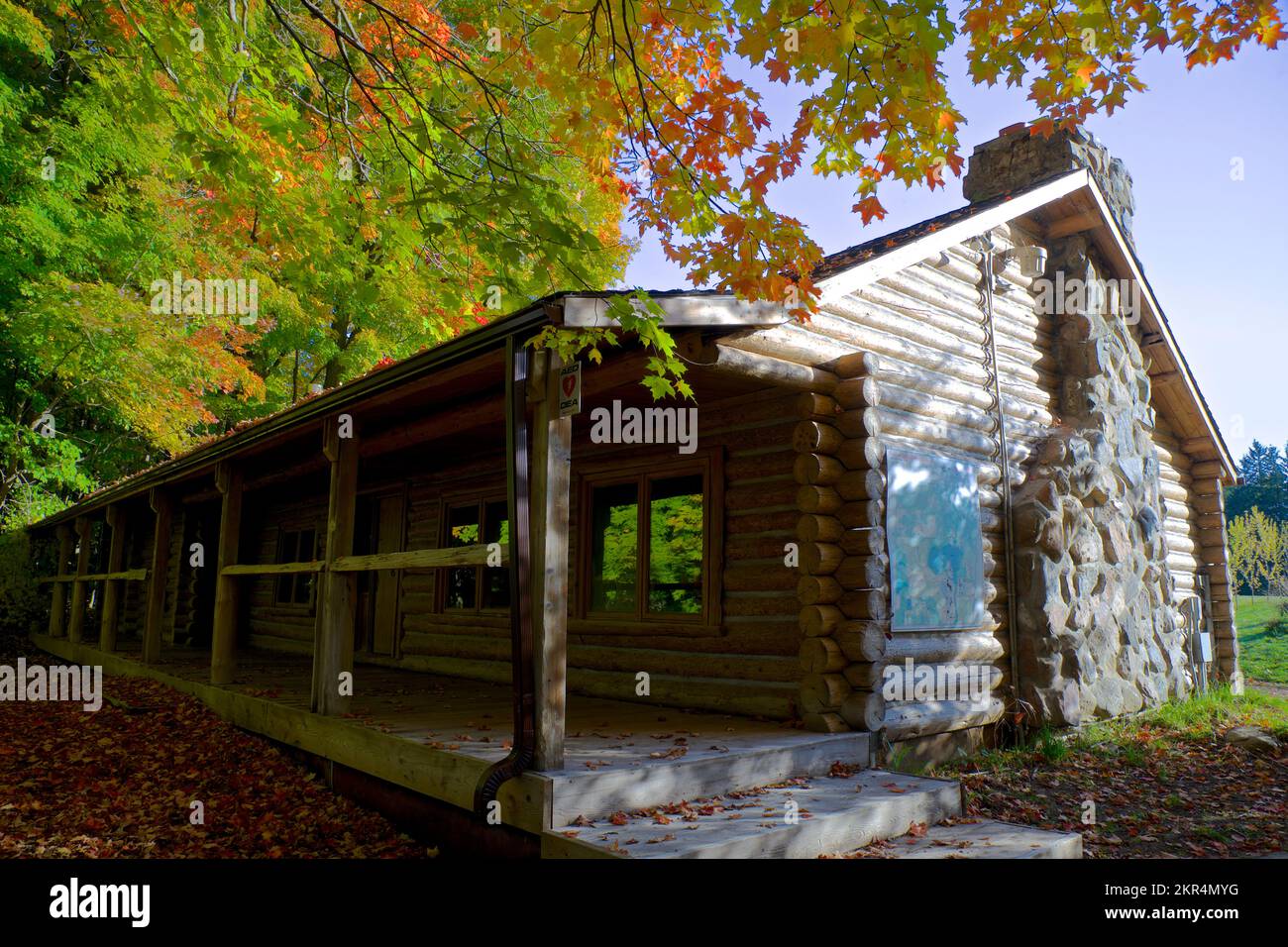 Maison traditionnelle en bois rond construite à partir de bois en bois en automne, King City, Ontario, Canada. Banque D'Images