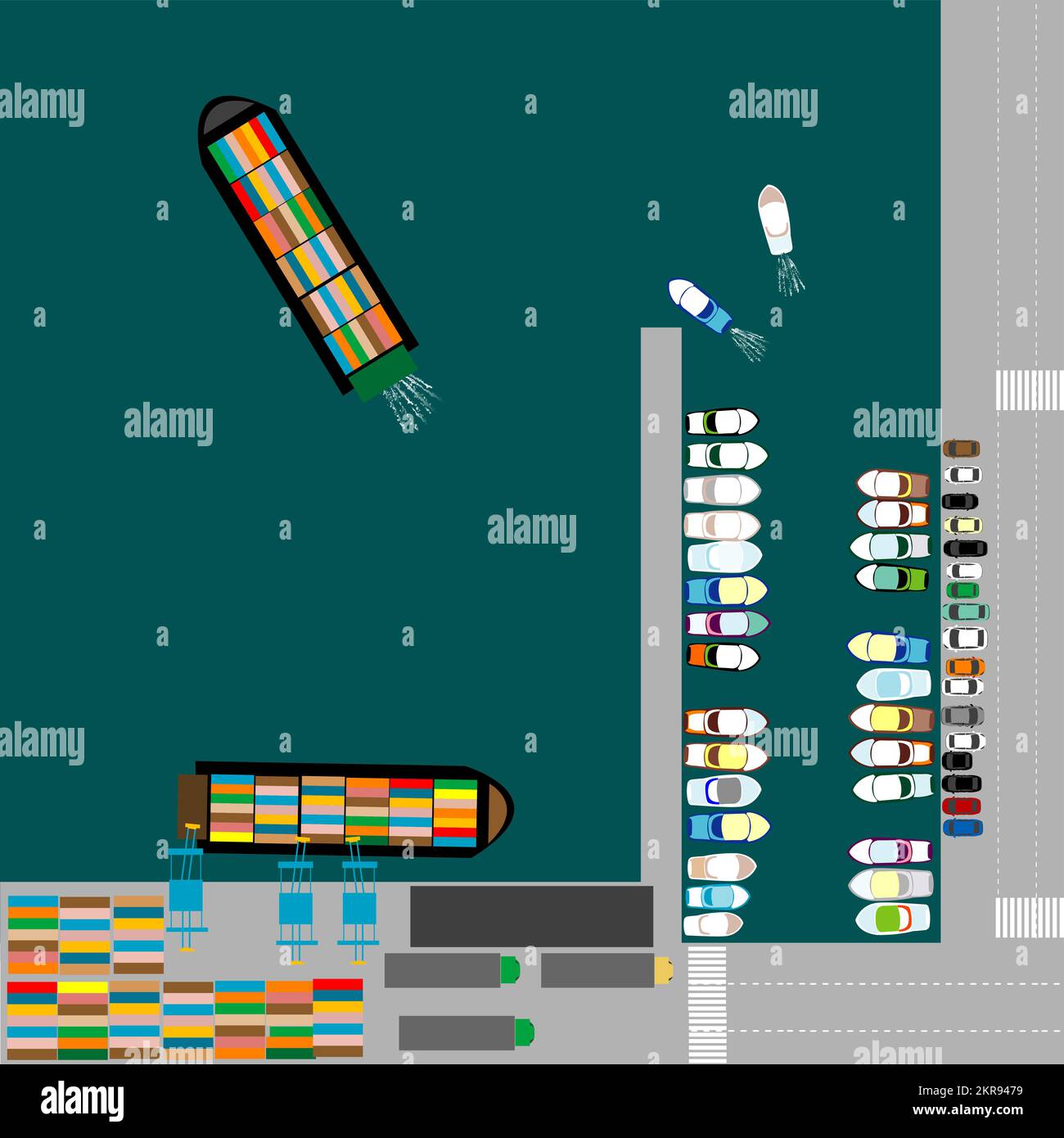 Vue aérienne du port maritime avec des navires de cargaison et des yachts Illustration de Vecteur