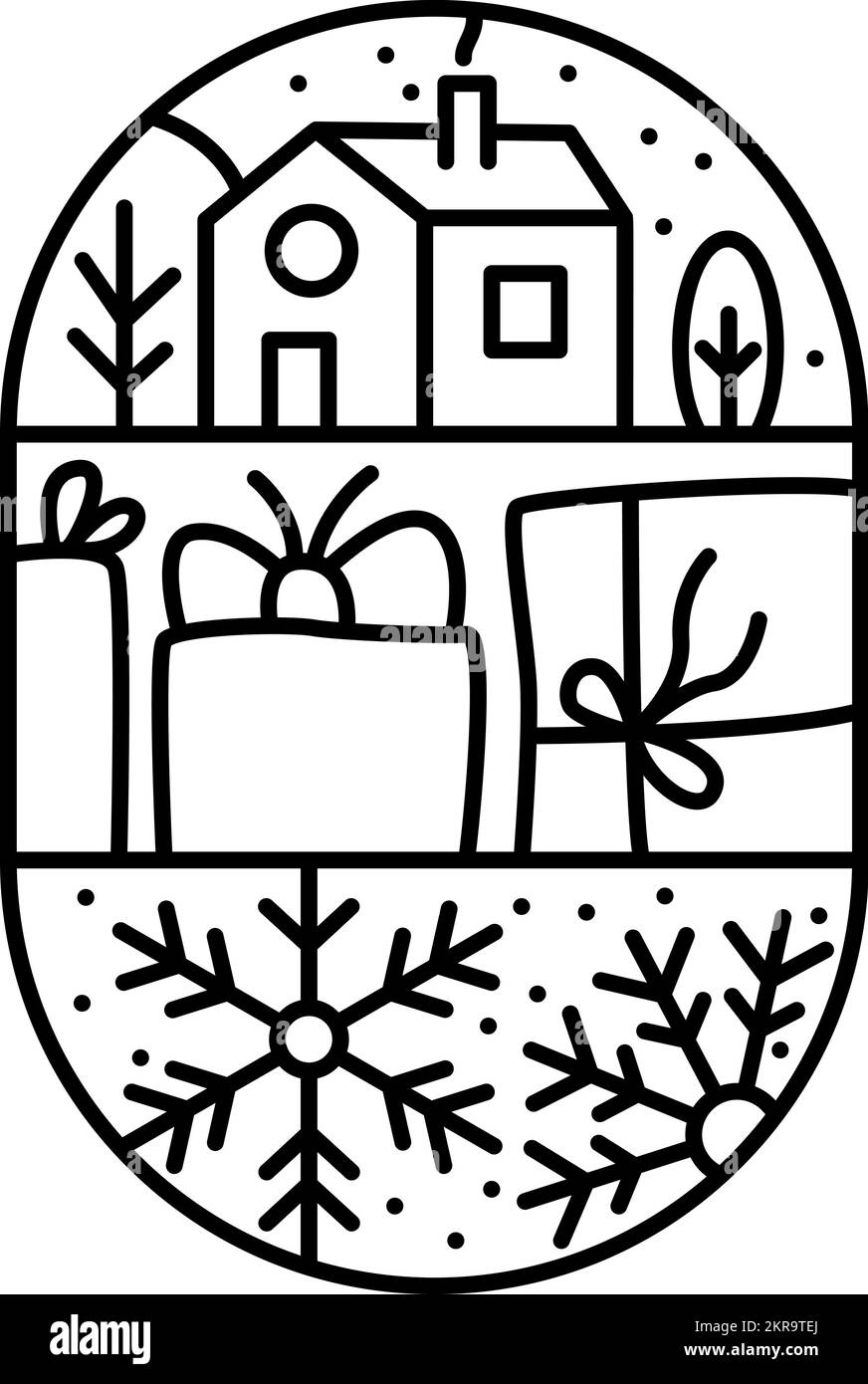 Logo de Noël composition de l'Avent flocon de neige, boîtes-cadeaux, maison et arbres. Constructeur de vecteur d'hiver monoline dessiné à la main dans un cadre demi-rond et Illustration de Vecteur