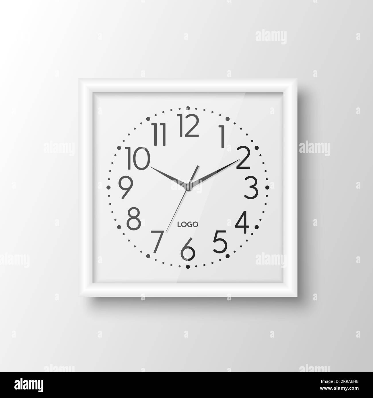 Vector 3D Realistic White Square Wall Office Clock, modèle de conception isolé. Cadre blanc, cadran blanc, maquette d'horloge murale pour marquage et Illustration de Vecteur