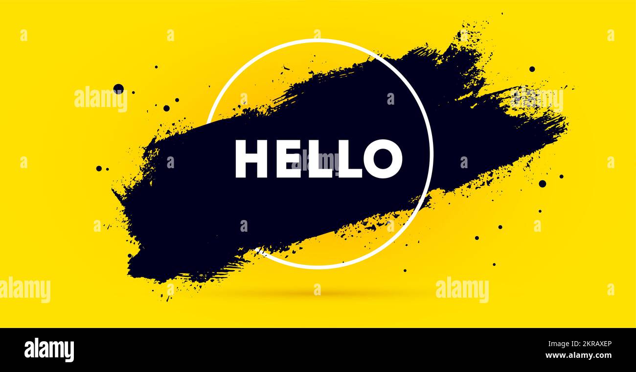 Bonjour. Bannière, bulle de discours, poster et sticker concept, style géométrique avec encre pinceau tache et texte Bonjour. Message Bonjour pour la bannière, l'affiche, le Web sur fond jaune. Illustration vectorielle Illustration de Vecteur