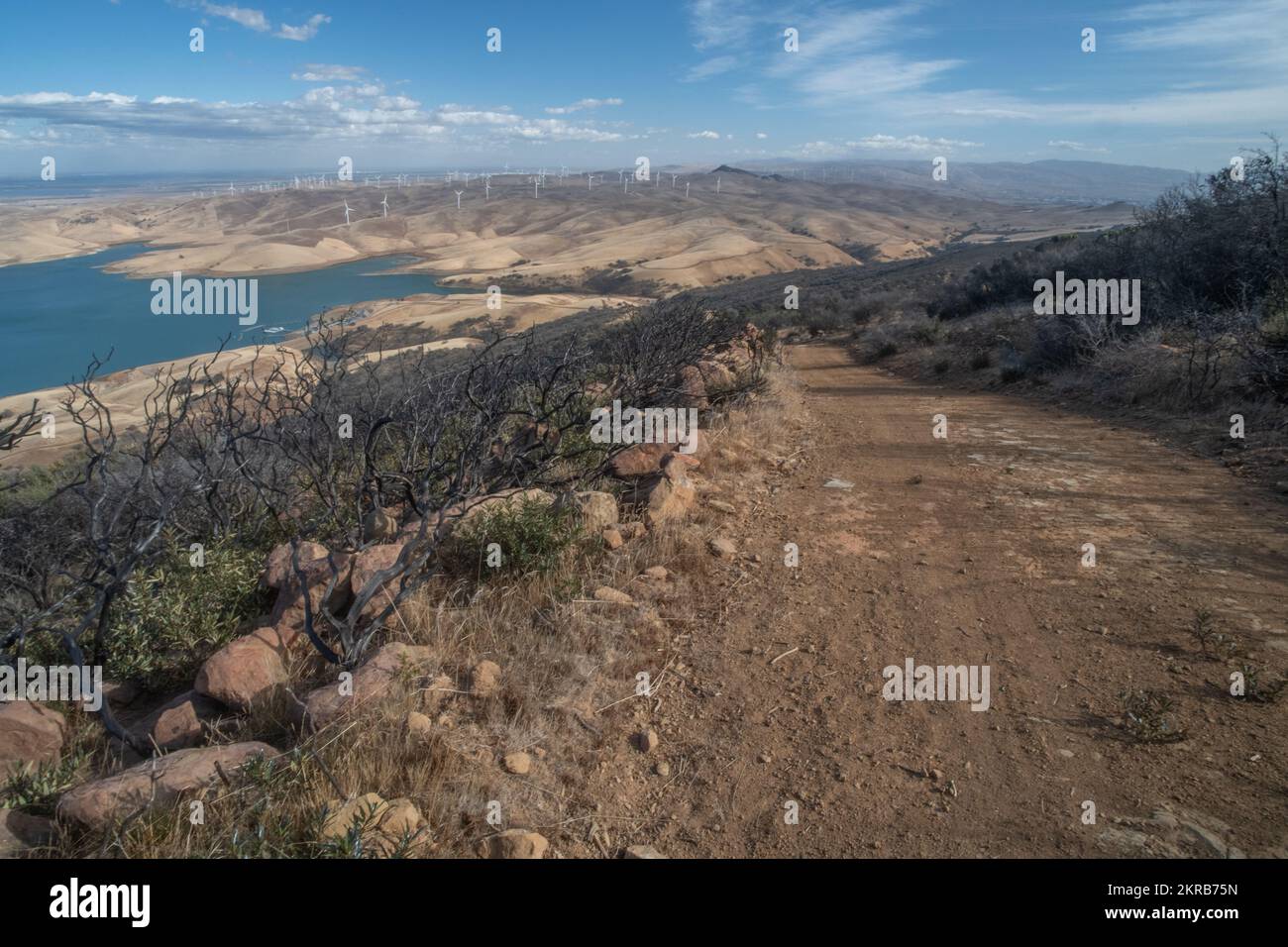 Vue sur le réservoir de Los Vaqueros et les collines parsemées d'éoliennes en Californie, aux États-Unis. Banque D'Images
