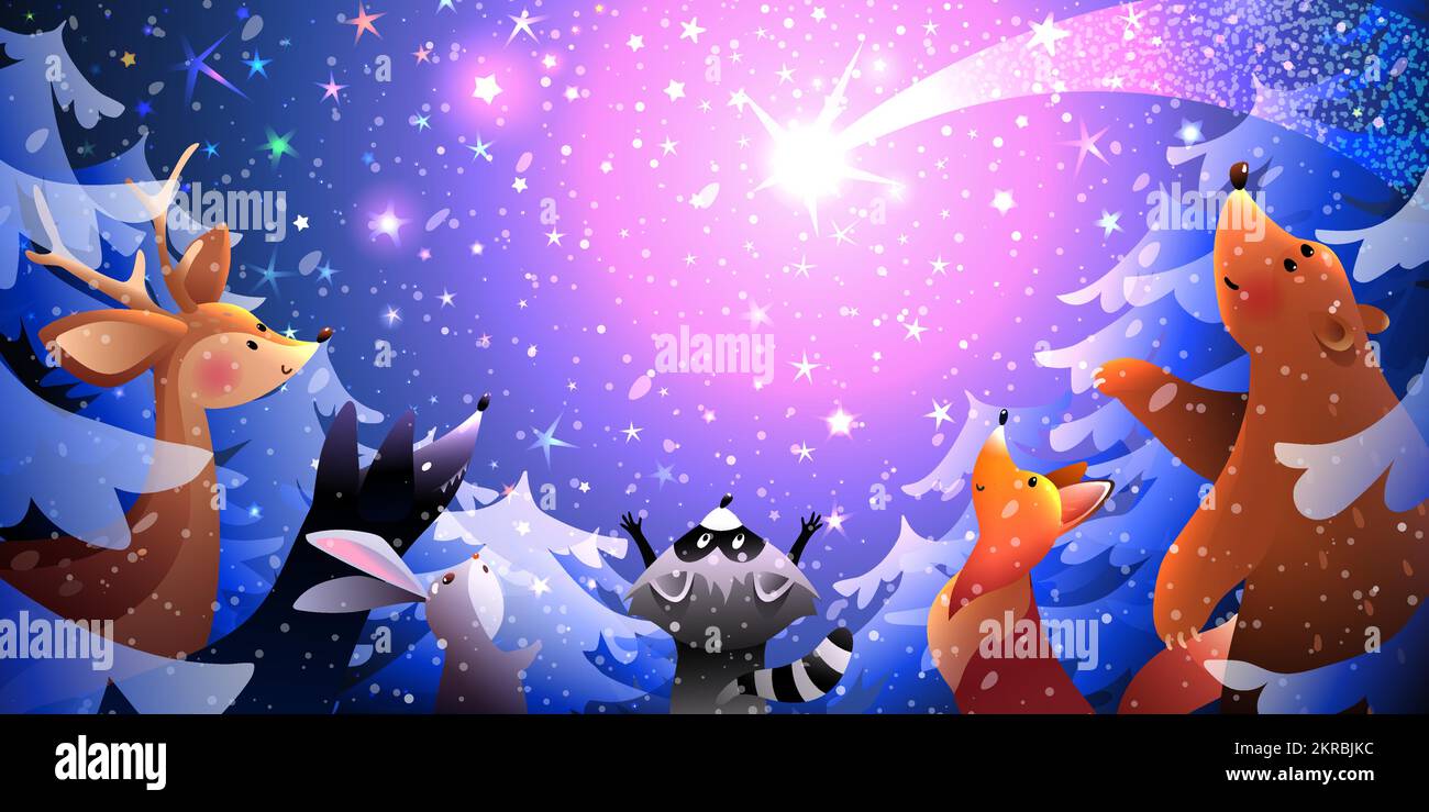 Animaux dans la forêt d'hiver la nuit observant les étoiles Illustration de Vecteur