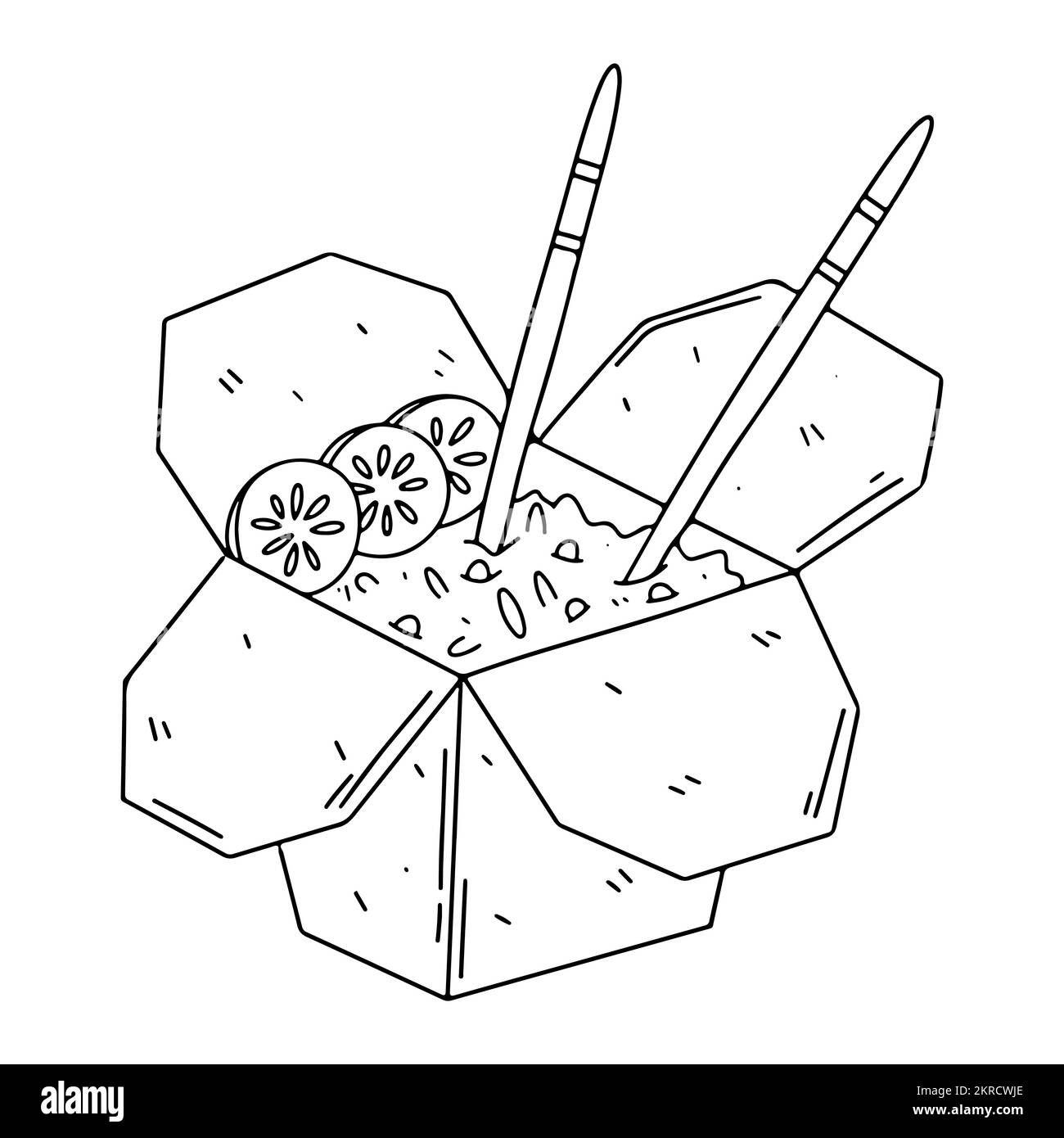 Ouvrez la boîte avec du riz frit et du poulet dessinés à la main. Baguettes dans le riz. Repas de rue asiatique. Icône du menu isolé sur fond blanc Illustration de Vecteur