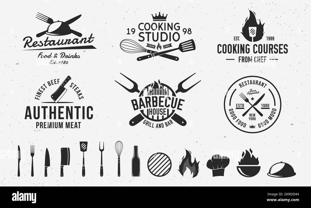 Modèles vintage avec logo hipster et 13 éléments de design pour les entreprises de restauration. Boucherie, barbecue, cours de cuisine et emblèmes de restaurant Illustration de Vecteur