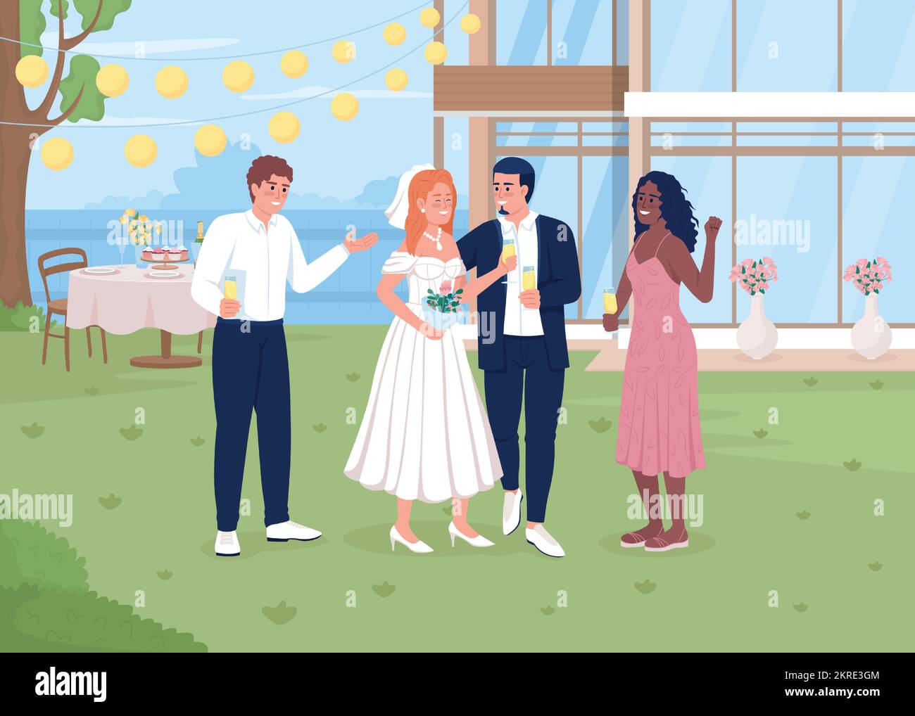 Célébration de mariage dans l'illustration vectorielle de couleur plate de cour Illustration de Vecteur