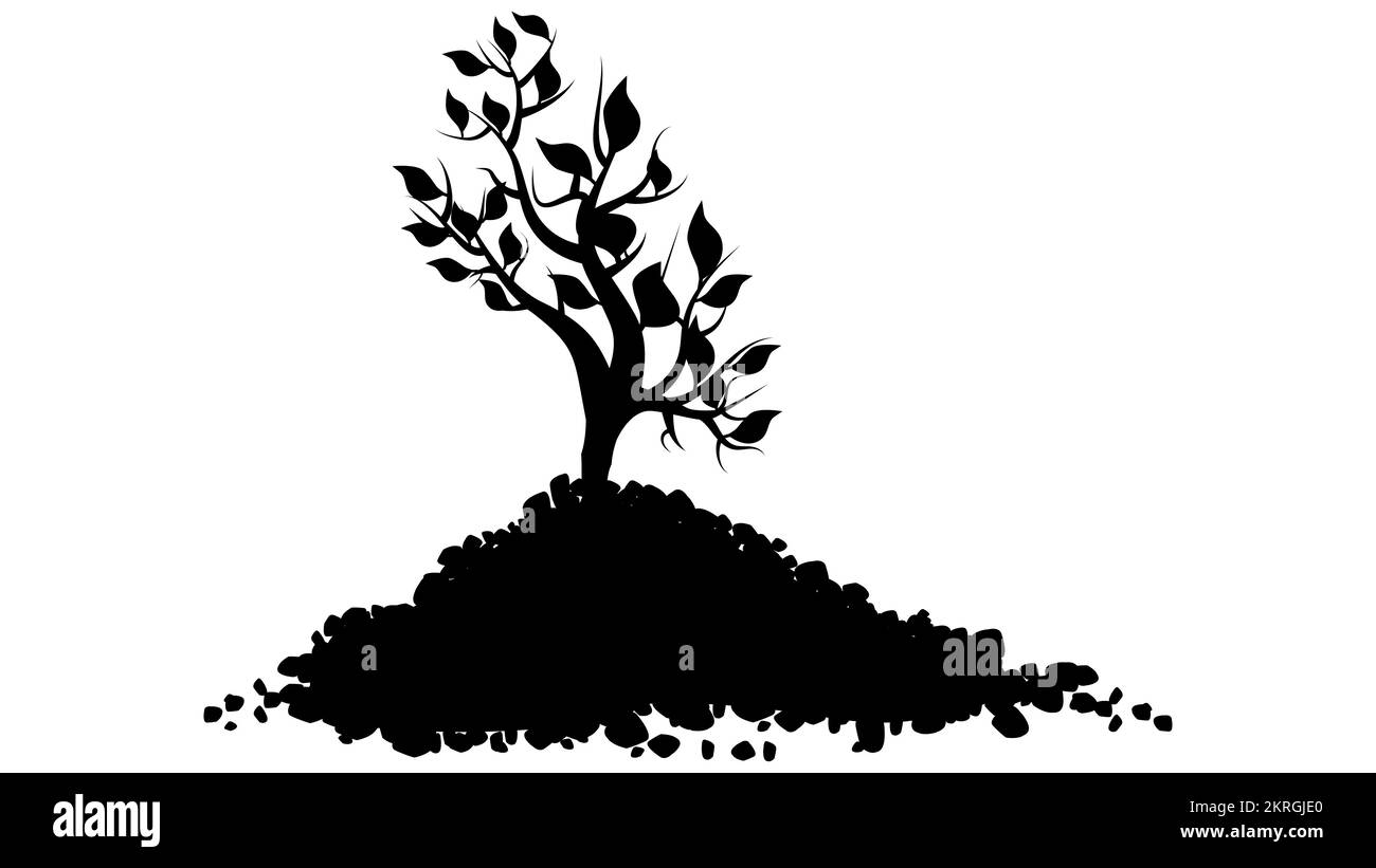 Silhouette noire de petite pousse d'arbre avec des feuilles dans la pile de sol isolées sur blanc. Elément de conception vectoriel. Illustration de Vecteur