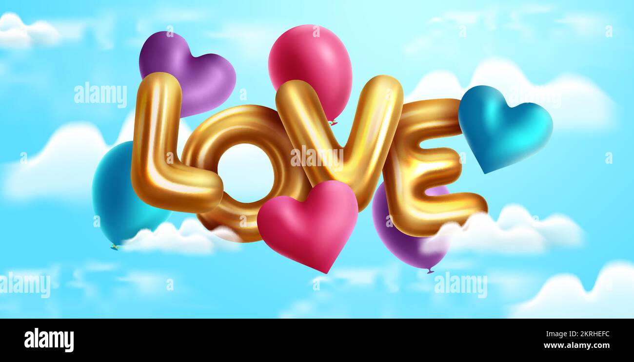 Motif vectoriel Love ballons. La Saint-Valentin avec des ballons flottants métalliques dans le ciel bleu pour célébrer la fête des coeurs. Illustration de Vecteur