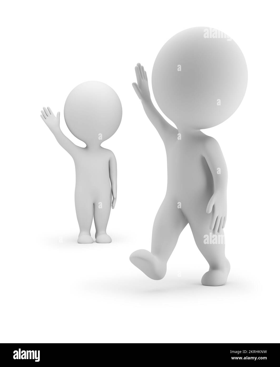 3d une petite personne dit Au revoir à un autre. 3d image. Arrière-plan blanc. Banque D'Images