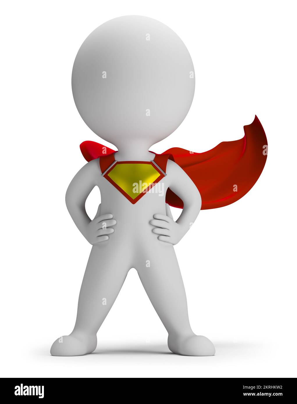 La petite personne 3d super héros debout dans une pose assurée dans un imperméable. Image 3d. Arrière-plan blanc. Banque D'Images