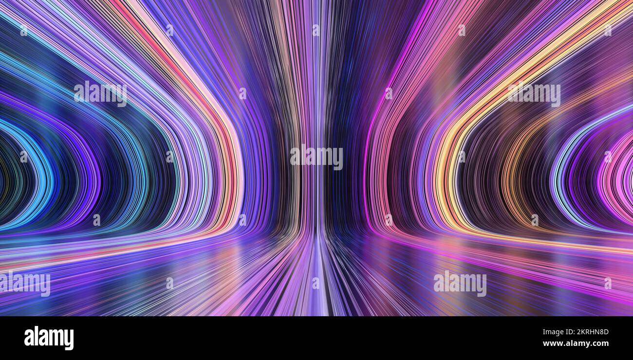 Chambre fantastique avec lignes de néons colorées. 3d image générée. Rendu. Banque D'Images