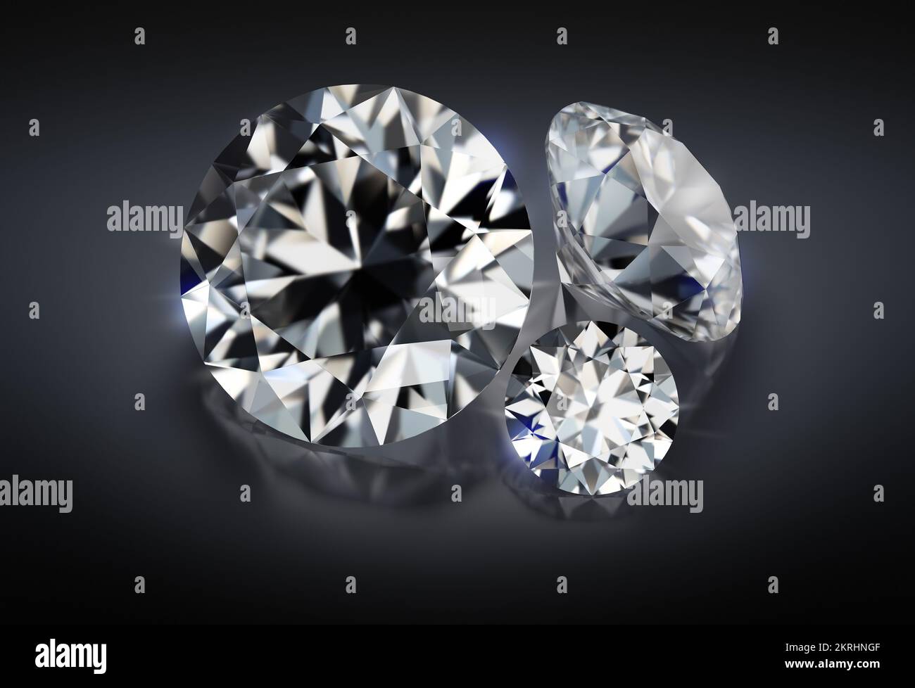 3d image. Trois diamants sur un arrière-plan réfléchissant foncé. Banque D'Images