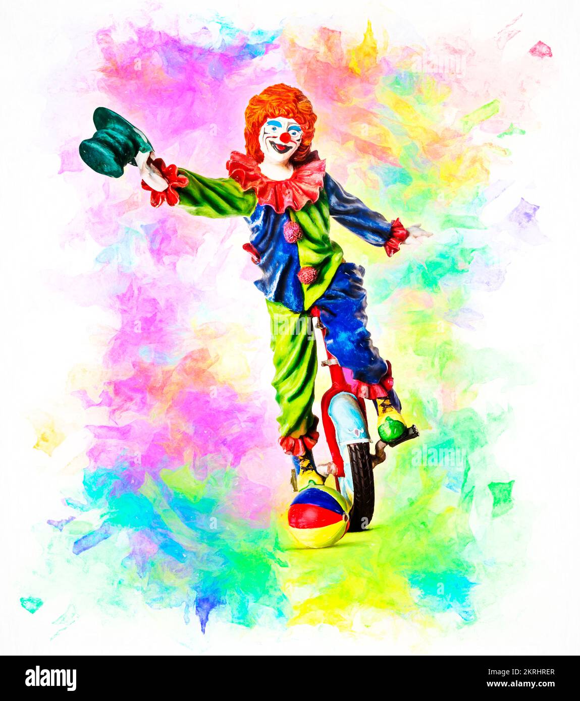 Un ensemble coloré de clowns et de carnavals avec des tricks mono-cycle et des mèches aquarelle Banque D'Images