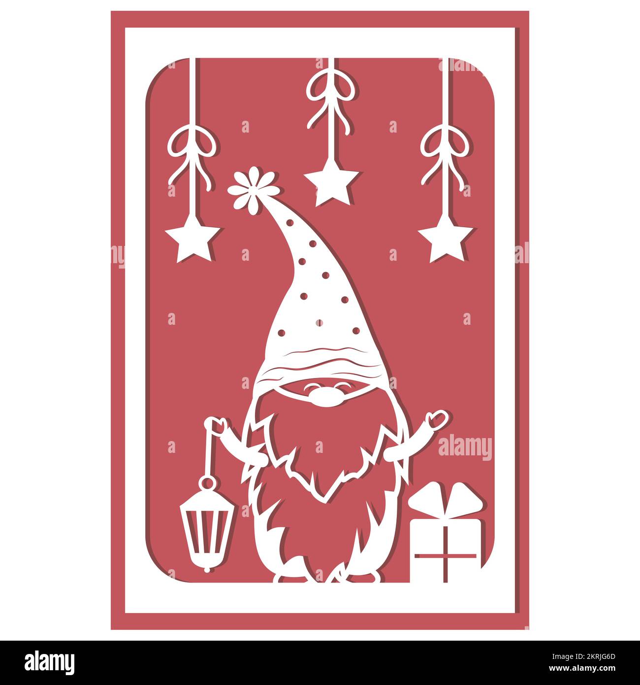 Carte de Noël multicouche 3D avec gnome dans le style de coupe de papier, illustration vectorielle, papier découpé au laser. Illustration de Vecteur