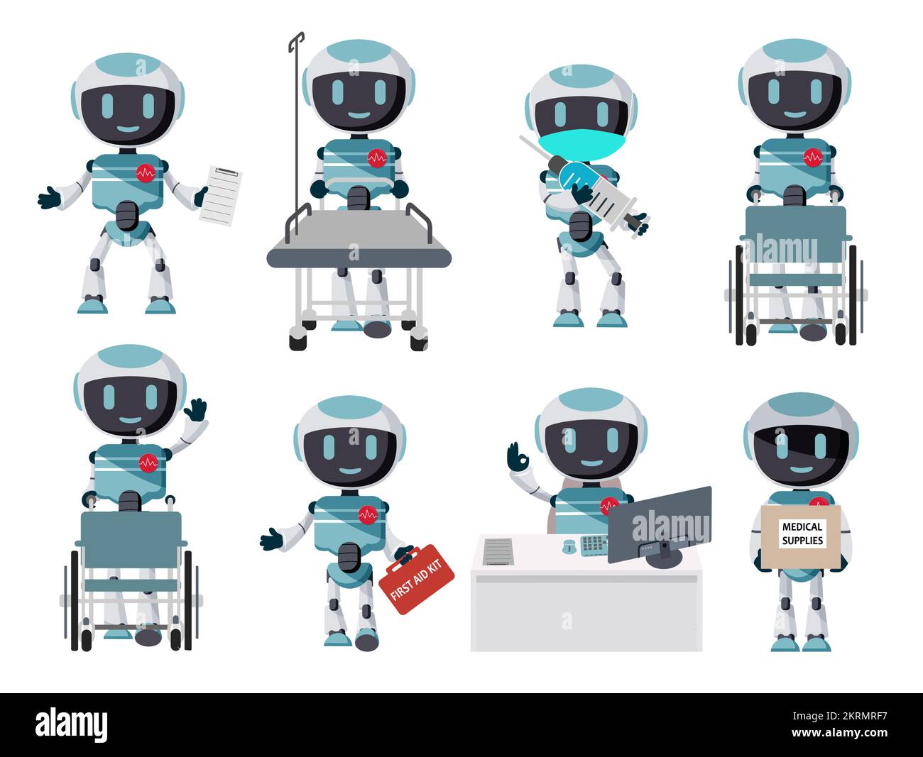 Jeu de vecteurs de personnages médiques robots. Robots médecin et infirmière isolés en blanc pour la collecte de soins de santé d'hôpital. Illustration vectorielle. Illustration de Vecteur