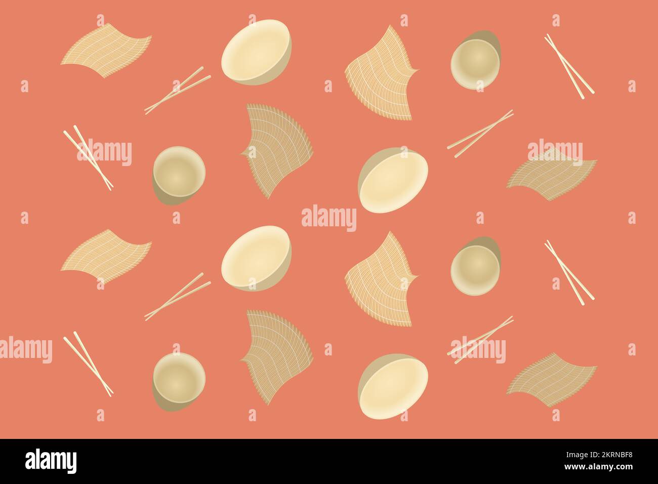 Motif de plats en bambou sur fond rouge. Tasses, baguettes pour sushi, tapis pour sushi. Concept d'écologie. Objets isolés. Image vectorielle. Illustration de Vecteur