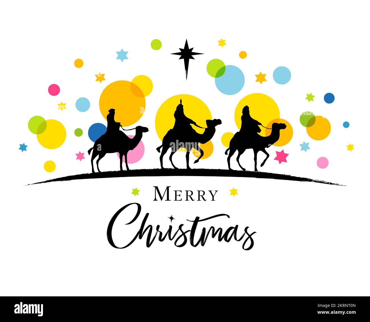Trois sages en silhouette sur des confettis et des étoiles de couleur. Scène de Nativité avec trois rois, chameaux et étoile de Bethléem. Illustration vectorielle Illustration de Vecteur