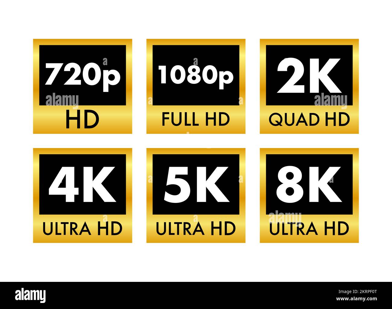 Étiquettes de dimension vidéo. Résolution vidéo 720, 1080, 2k, 4K, 8k badges. Élément de conception de qualité. Illustration du stock vectoriel. Illustration de Vecteur