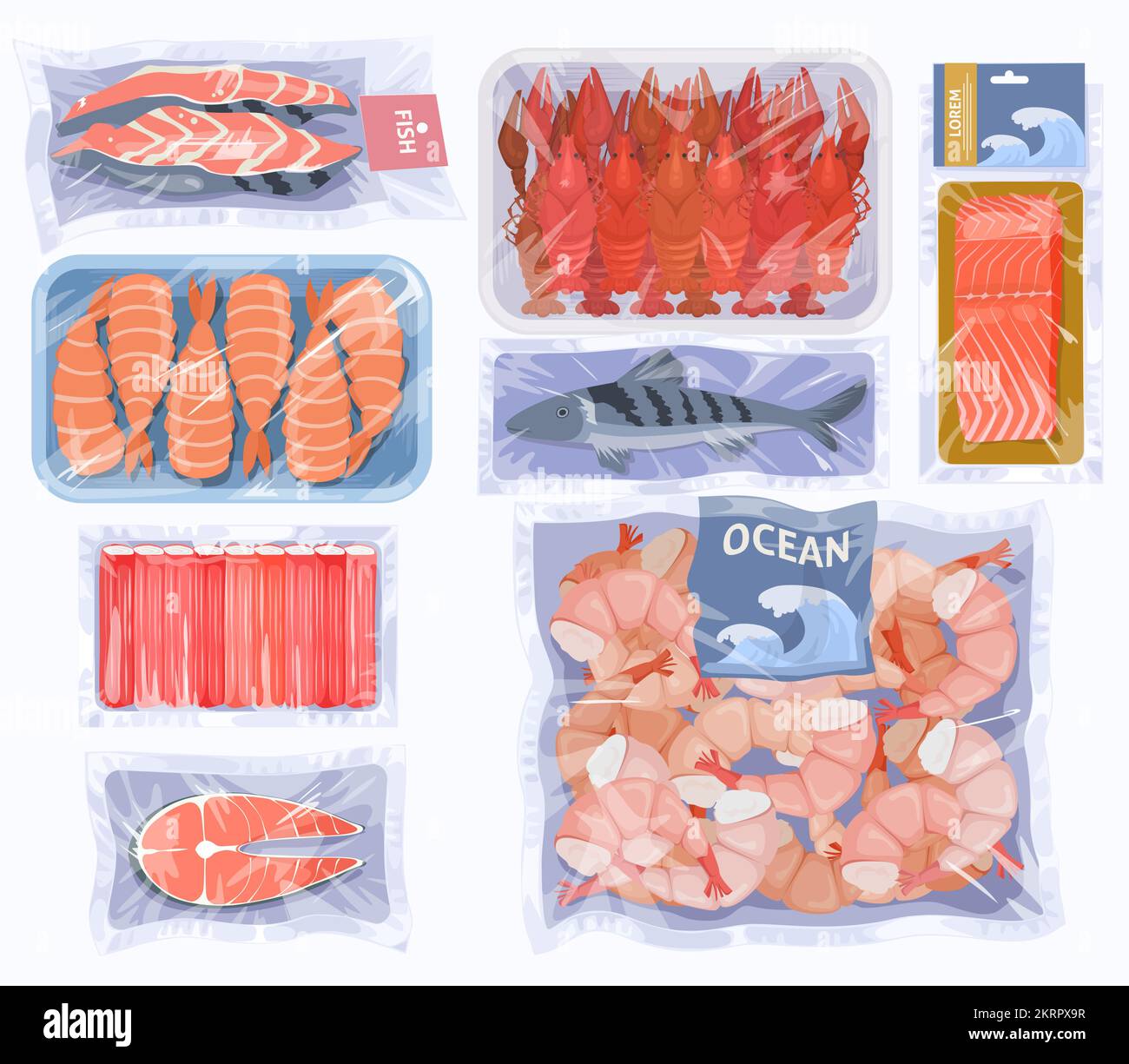 Emballage sous vide avec kit de vecteurs de fruits de mer Illustration de Vecteur