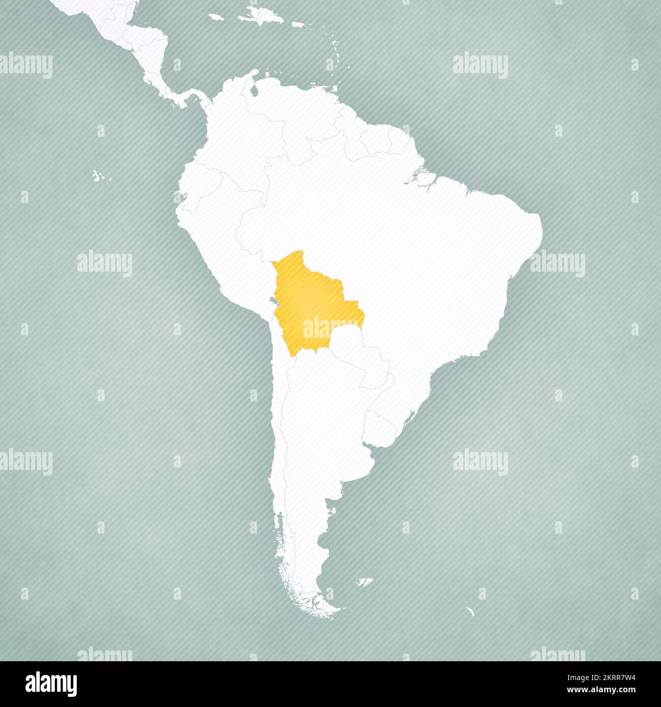 Bolivie sur la carte de l'Amérique du Sud avec un arrière-plan vintage à rayures douces. Banque D'Images