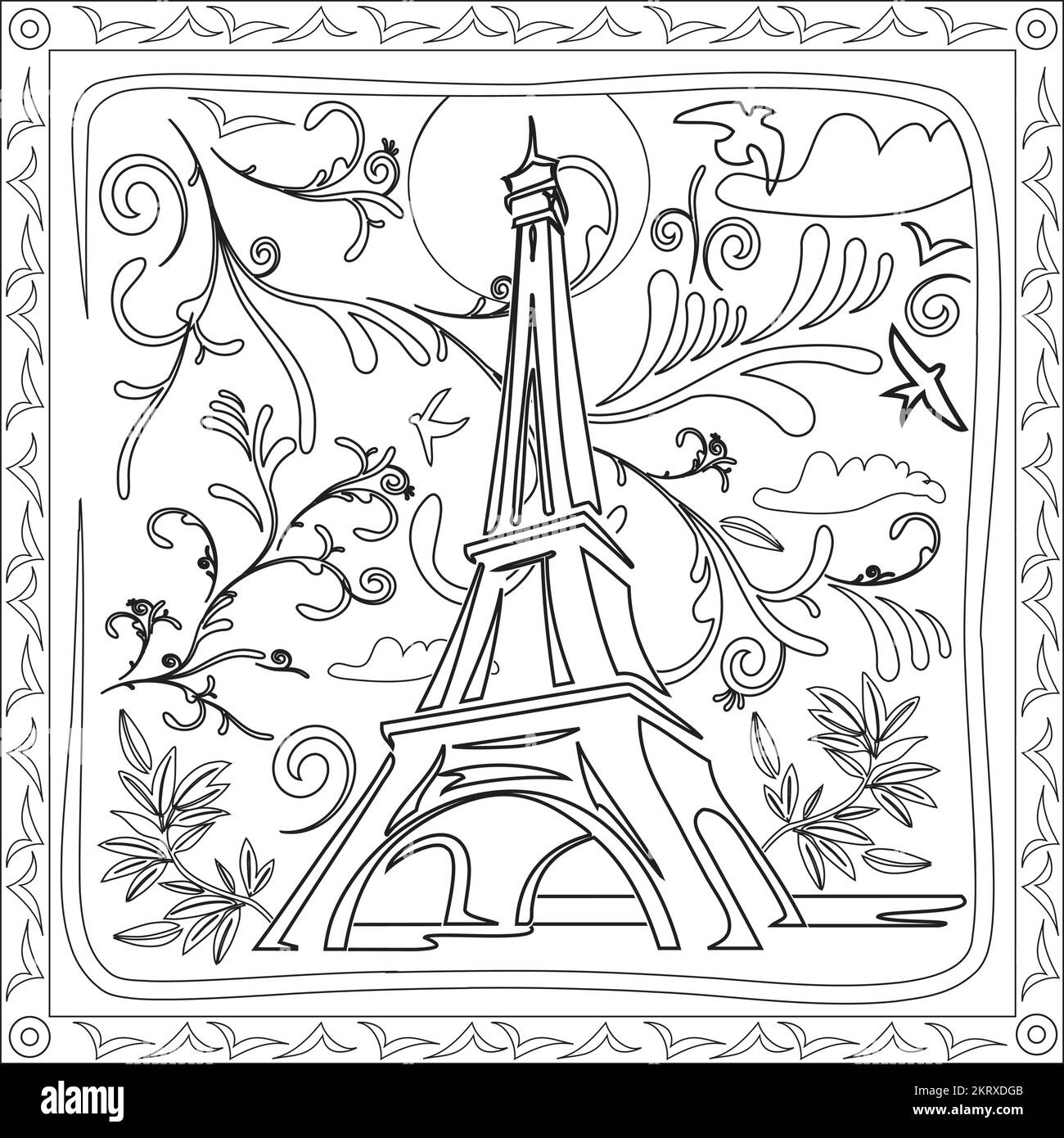 Coloriage dessin de la Tour Eiffel à Paris avec feuillages et cadre noir et blanc Illustration de Vecteur