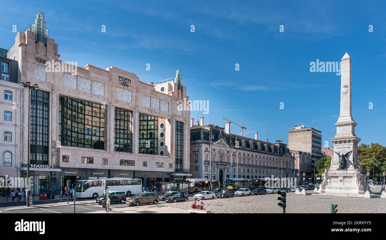 Théâtre Eden et monument aux restaurants dans la ville de Lisbonne, Portugal Banque D'Images