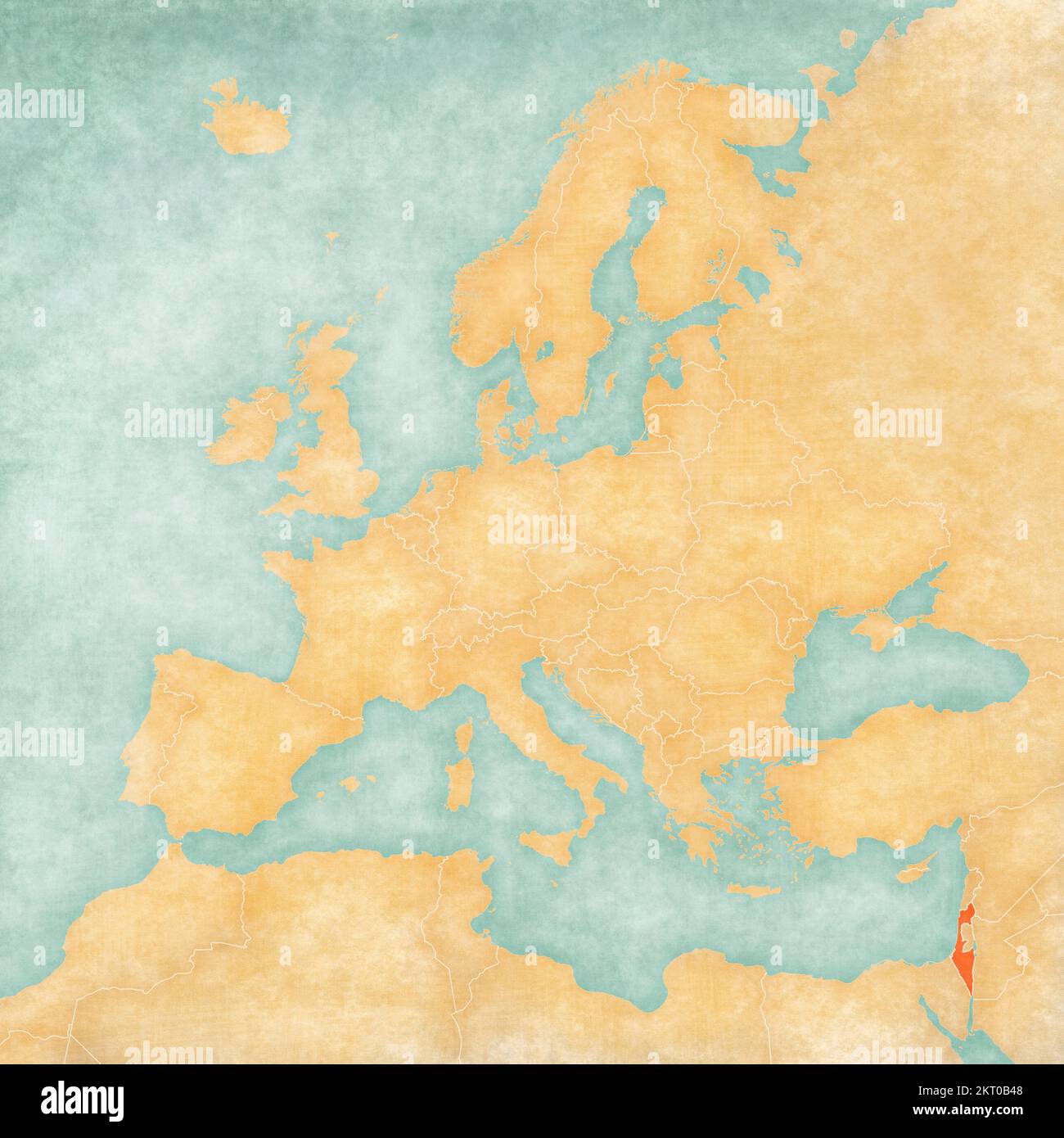 Israël sur la carte de l'Europe dans le grunge doux et le style vintage, comme le vieux papier avec aquarelle peinture. Banque D'Images