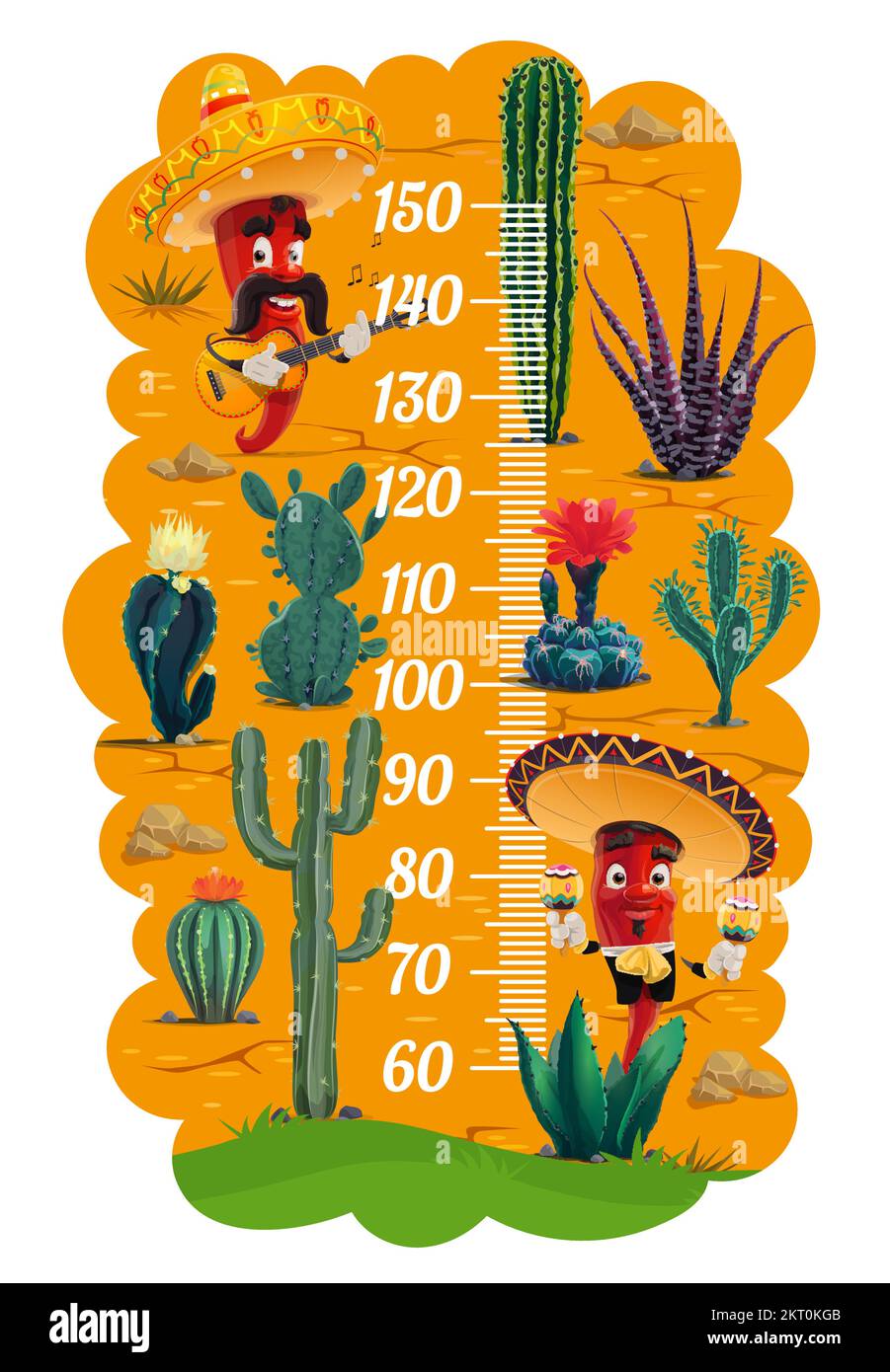 Tableau des hauteurs pour enfants avec cactus mexicains et musiciens mariachi, piments. Règle vectorielle échelle de mesure de croissance mètre sur le désert mexicain b Illustration de Vecteur