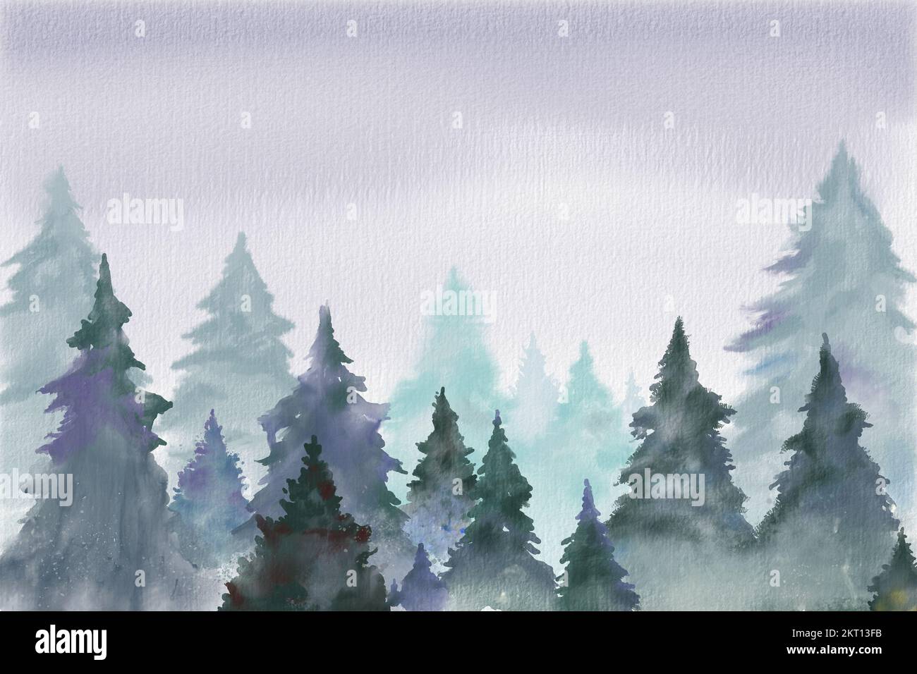 Arrière-plan de Noël avec quelques arbres dans un environnement brumeux et enneigé. Aquarelle numérique. Banque D'Images