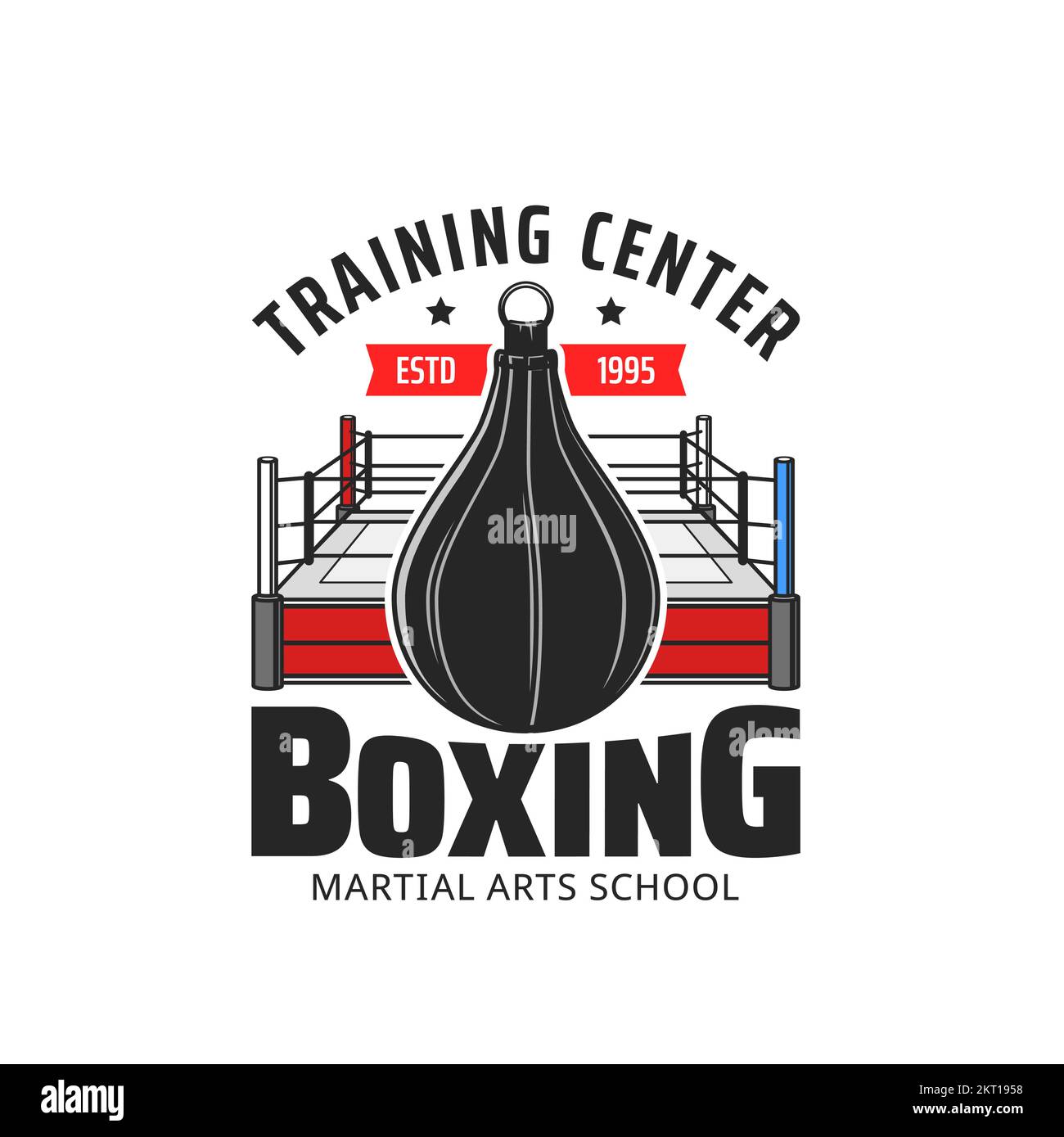 Icône du centre d'entraînement de boxe avec équipement de boîte sport vectoriel. Sac de boxe et anneau de boxe avec coins rouges et bleus, symbole isolé du club de combat ou du design de l'école des arts martiaux Illustration de Vecteur