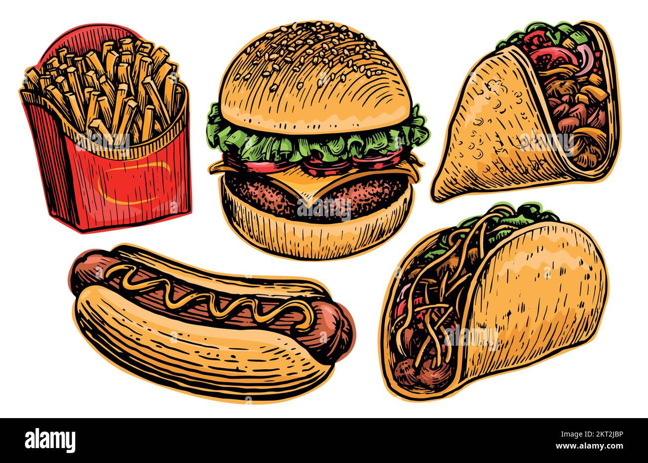 Set de restauration rapide. Hamburger, hot-dog, cheeseburger, Sandwich, Tacos, Frites. Menu du restaurant ou du restaurant. Illustration vectorielle Illustration de Vecteur