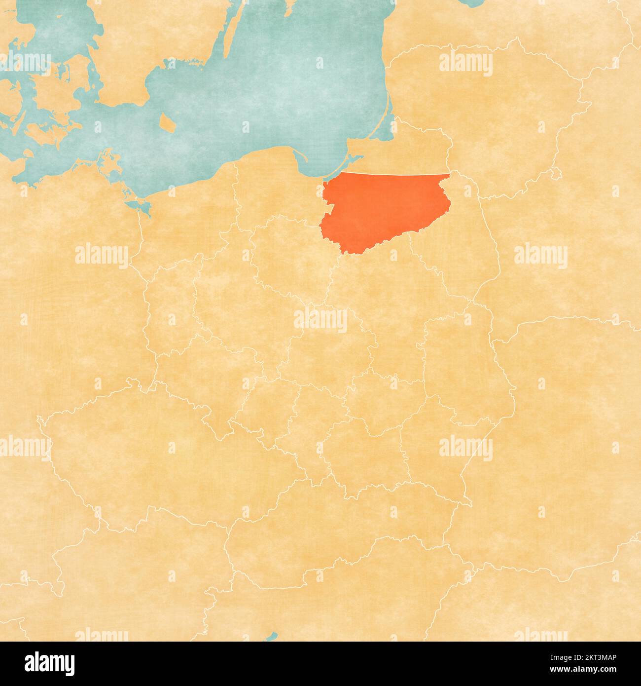 Warmia-Masuria sur la carte de la Pologne dans le grunge doux et le style vintage, comme le vieux papier avec aquarelle peinture. Banque D'Images